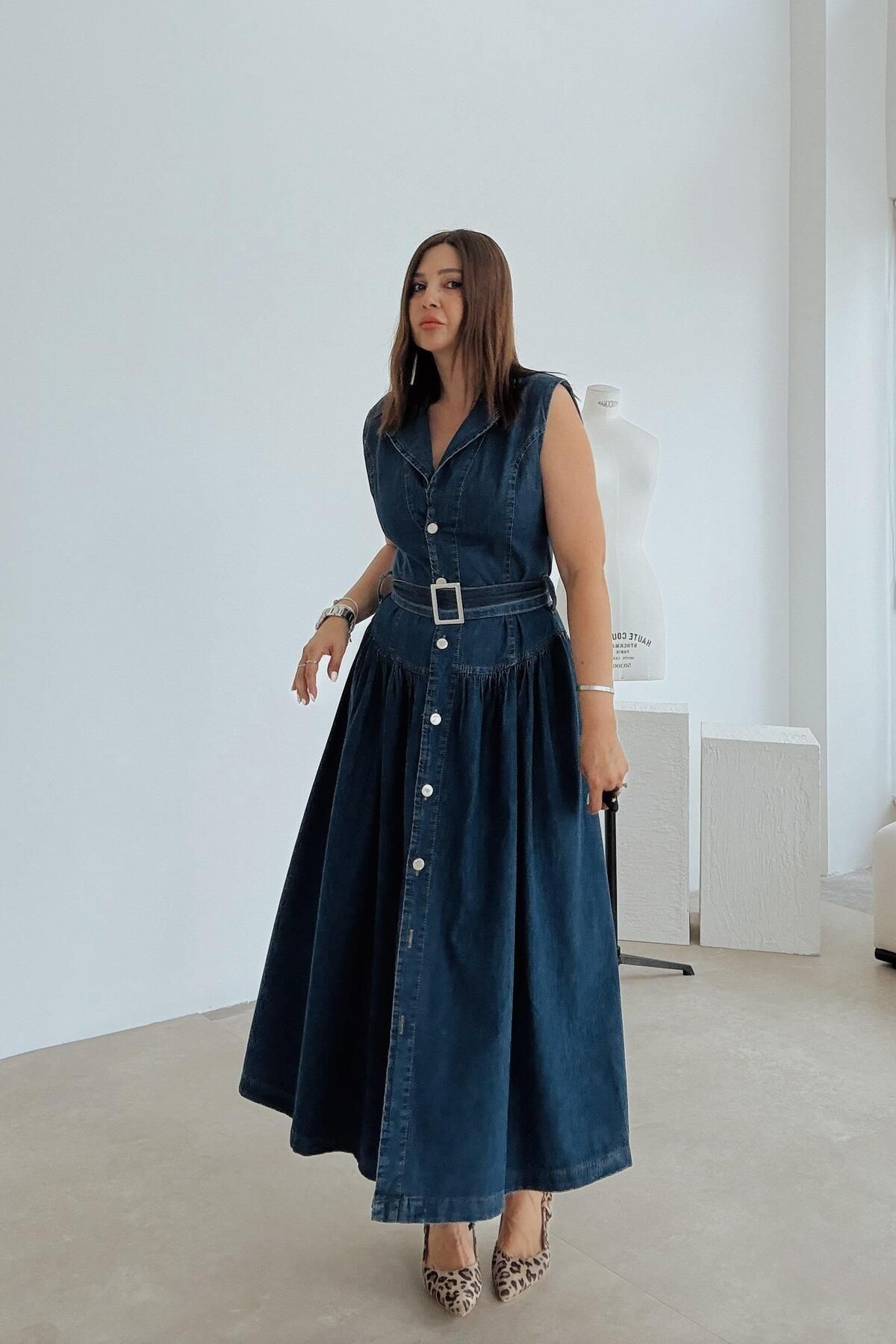 ELVAN TOLON Denim Uzun Elbise