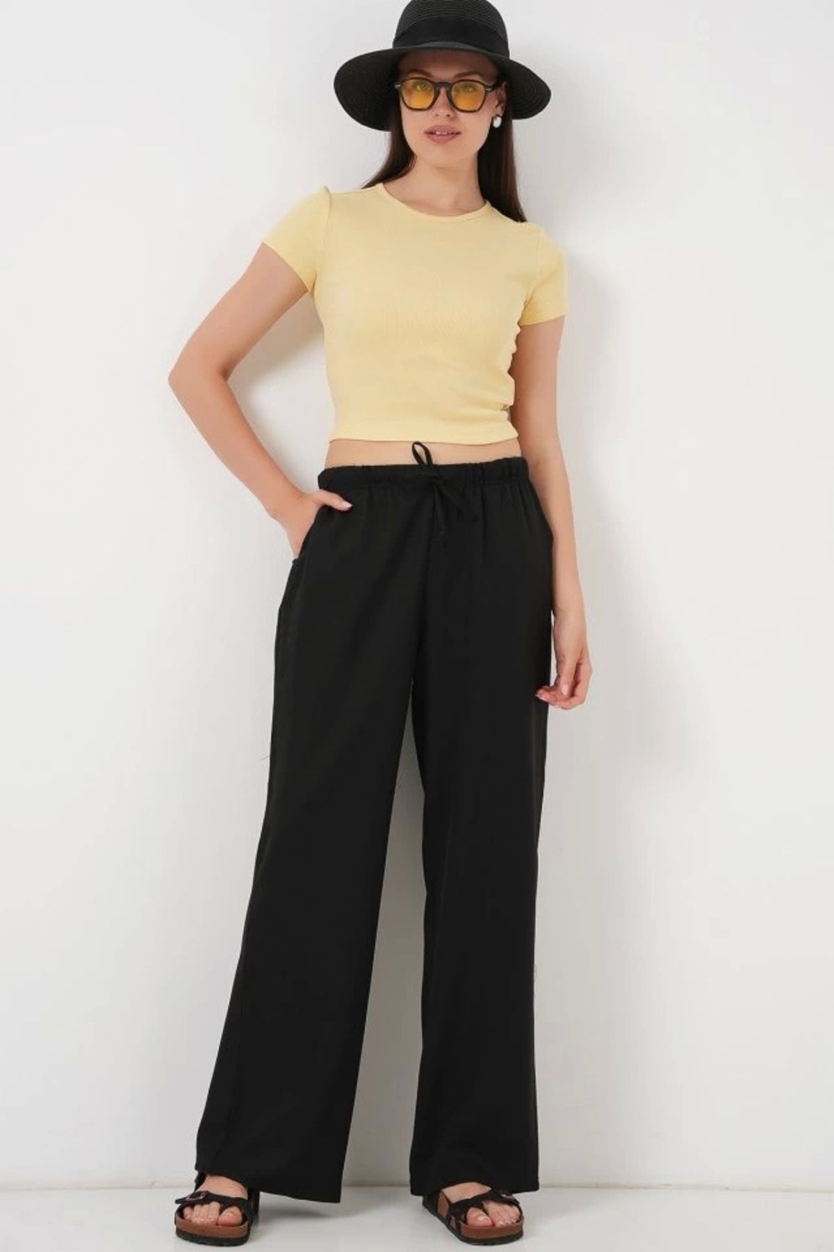 Butik Geniş Paça Keten Pantolon 6735 - Siyah