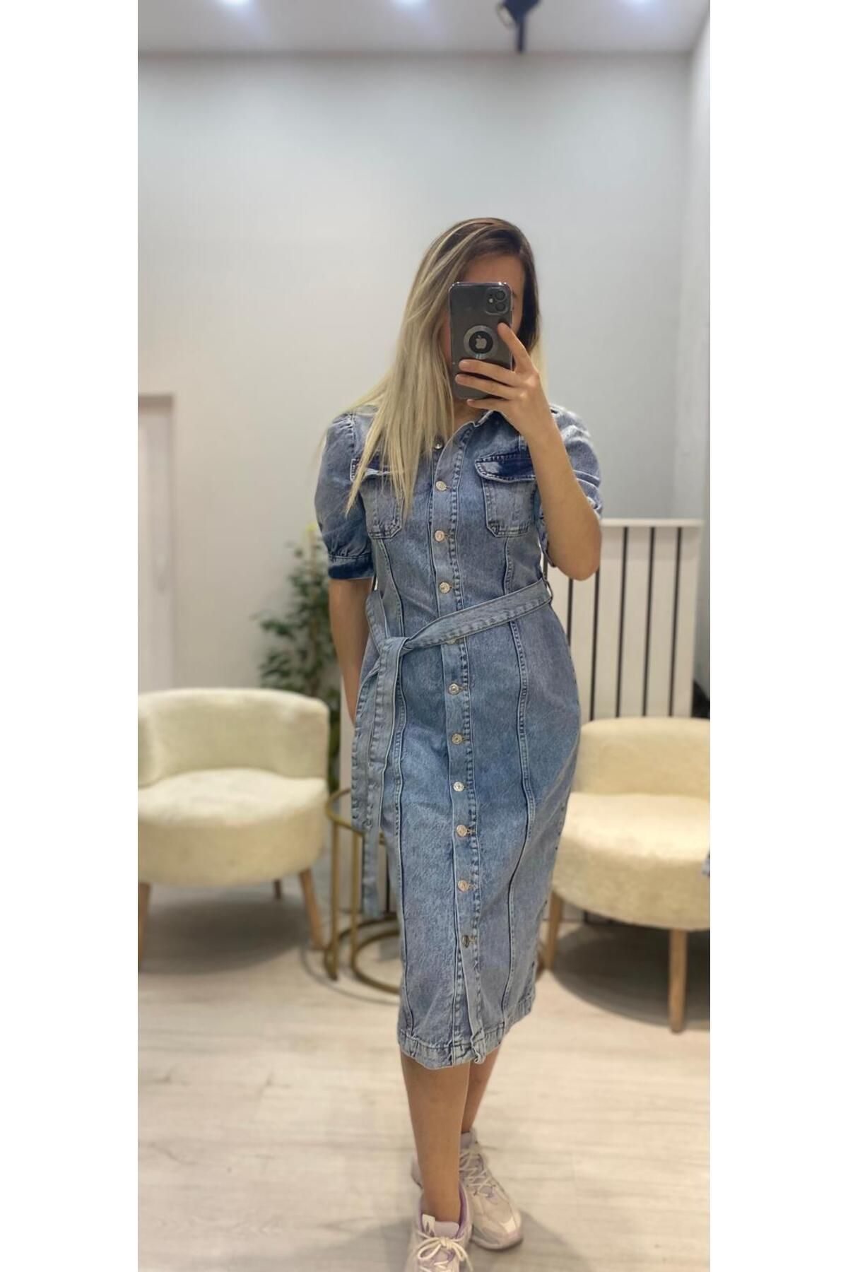 Roseden Önden Düğmeli Cepli Kuşaklı Denim Kot Elbise
