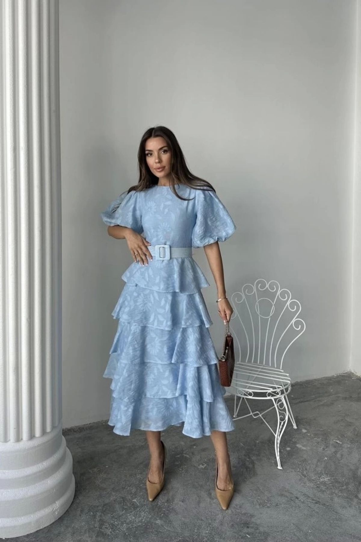 Butik Bebe Mavi Kat Kat Balon Kollu Kemerli Elbise