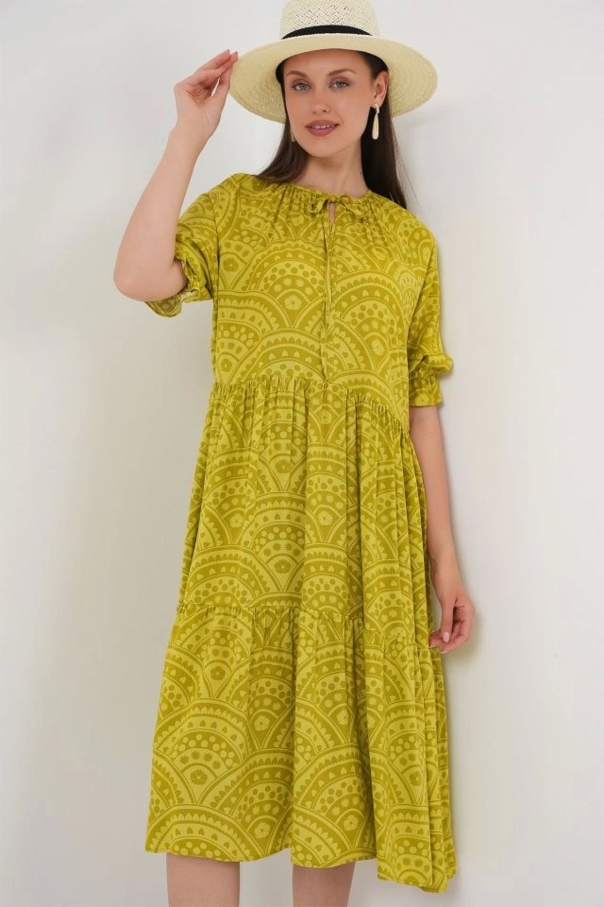 Butik Kısa Kol Desenli Elbise 2553 - E.Yeşil