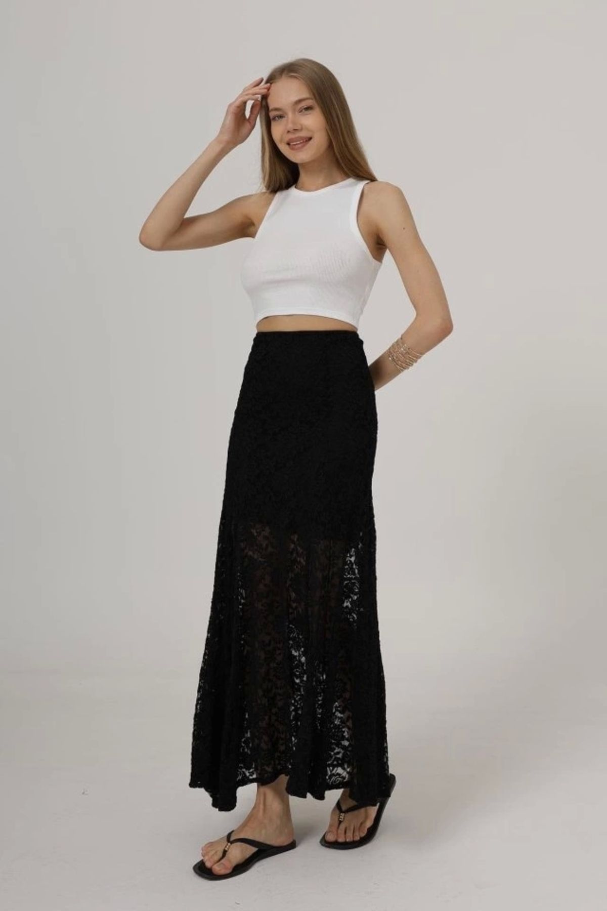 Butik Bel Lastikli Dantel Etek - Siyah