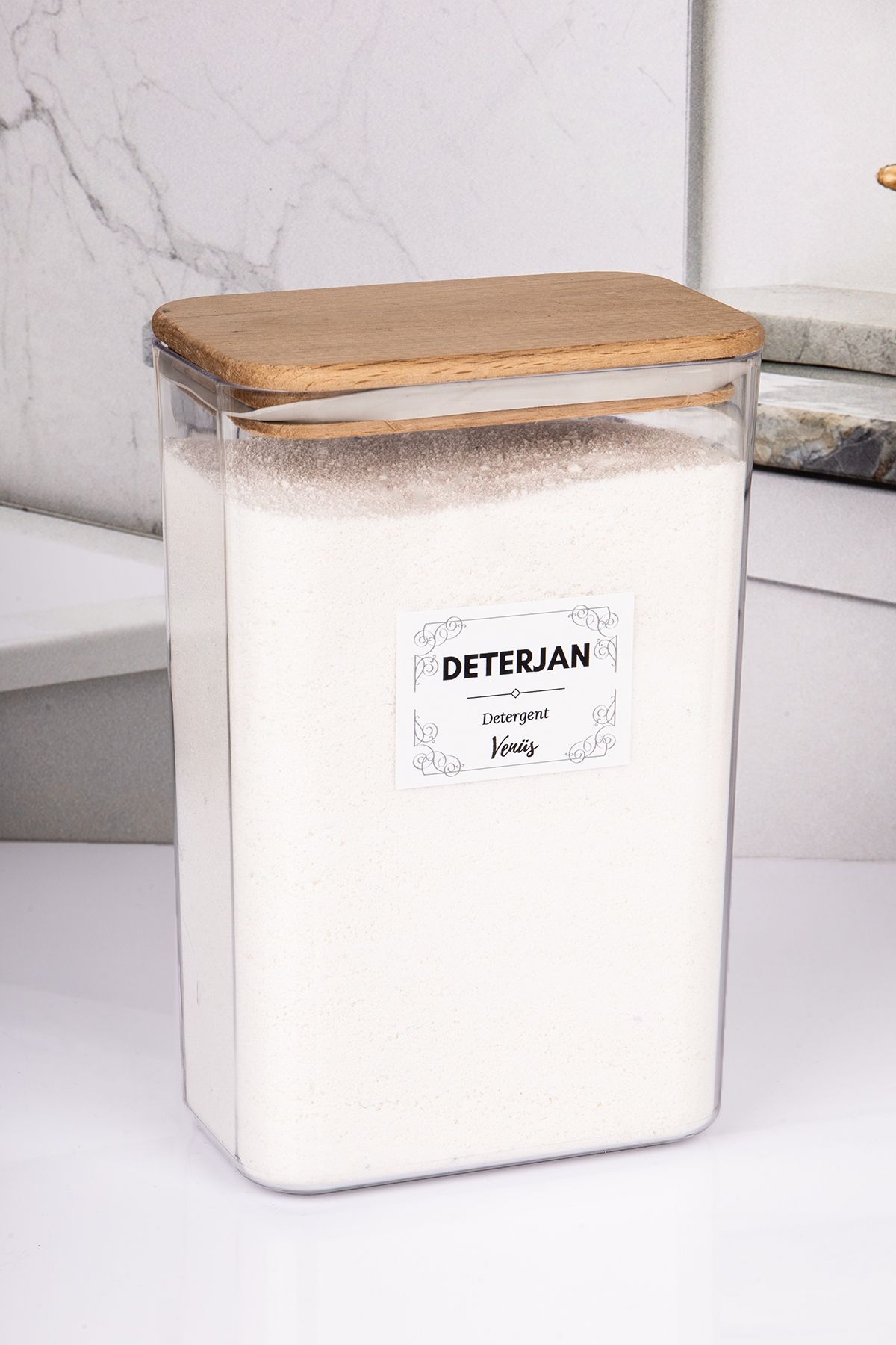 naturelove Ahşap Vakumlu Kapaklı Toz Deterjan Kutusu Akrilik 3 Litre (2,5 KG Kapasiteli)