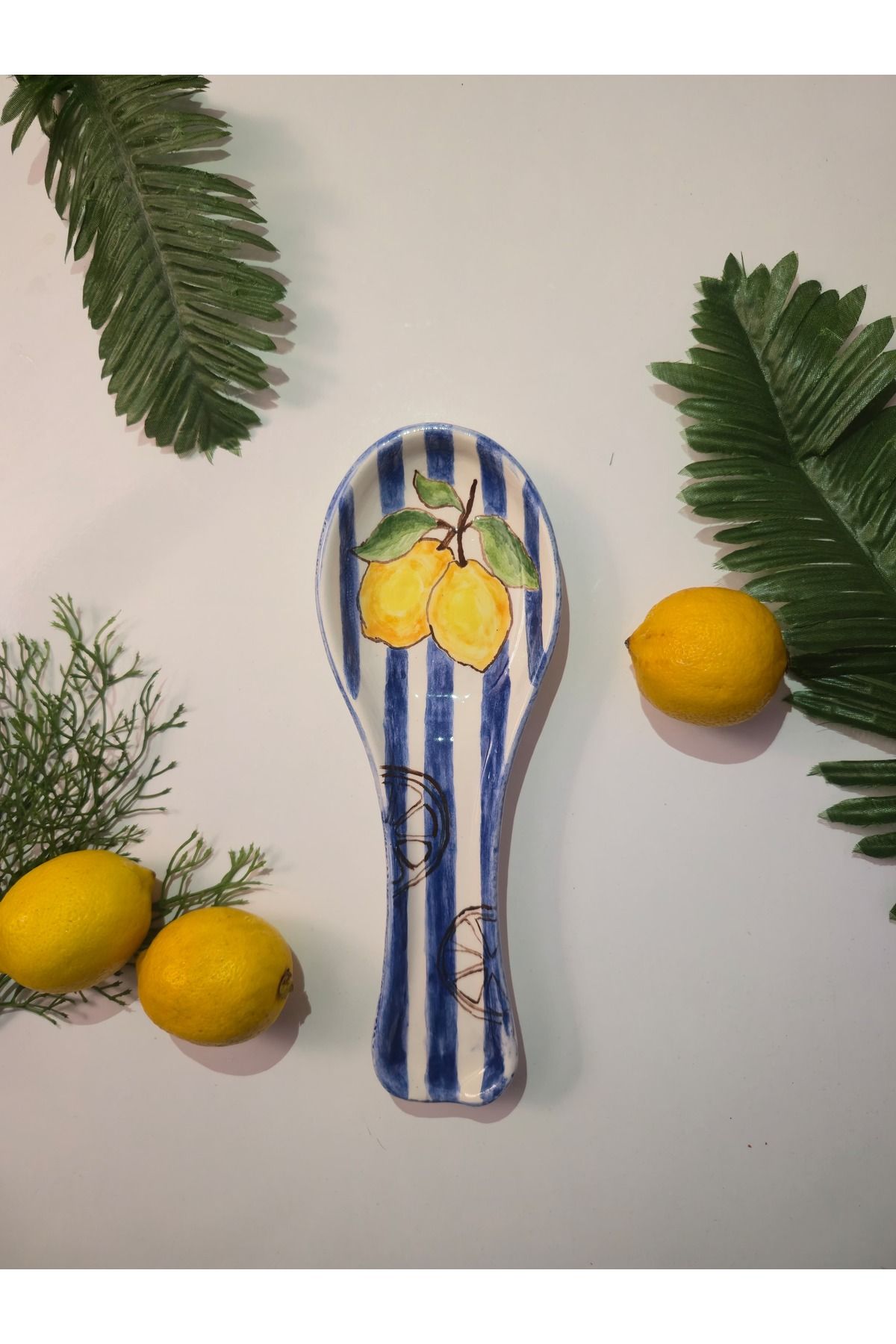 AURA Limon Desen El Yapımı Seramik Kaşık Altlığı, Yatay Kaşıklık Ve Kepçe Altı, El Boyaması Mutfak Dekoru