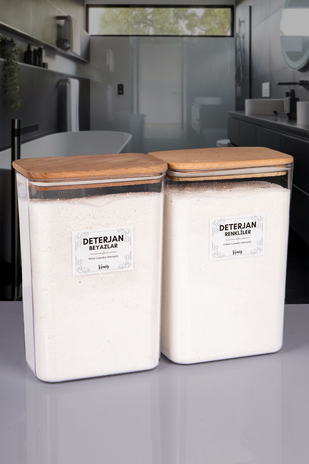 naturelove 2 Adet Ahşap Vakumlu Kapaklı Toz Deterjan Kutusu Renkliler Beyazlar Etiketli Akrilik 3 Litre