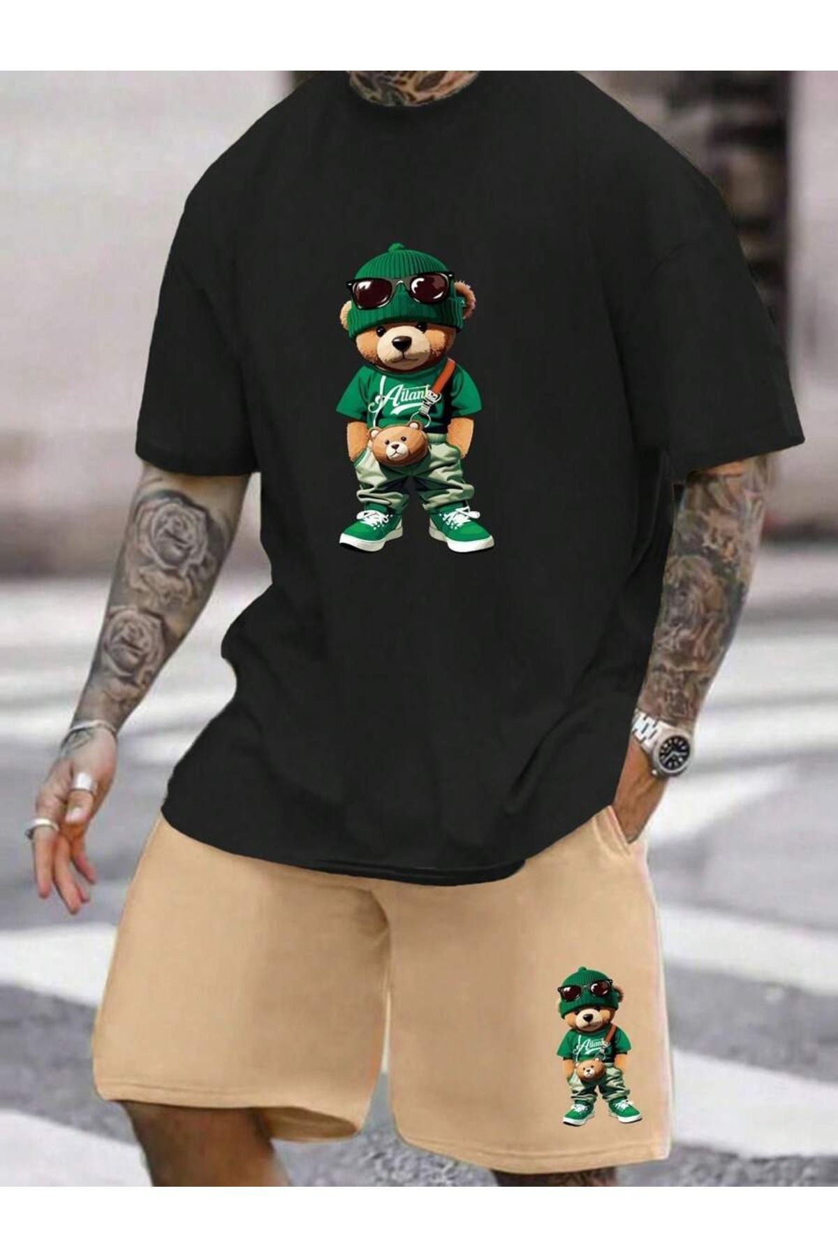 OVER HEAD Erken Siyah Cool Ayı Baskılı Oversize Şort T-shirt Takım