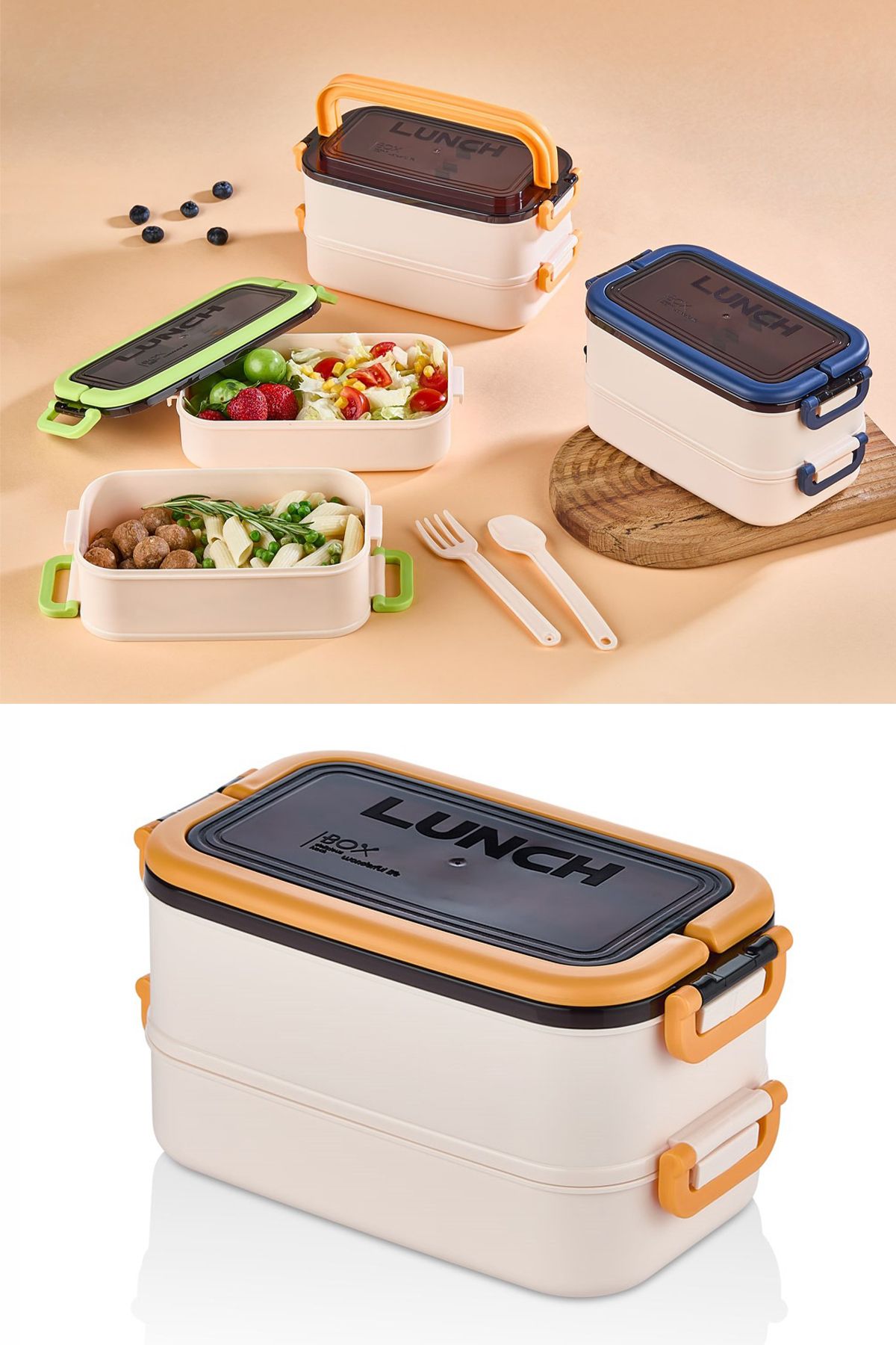 M&L LUNCH BOX 2 Katlı Taşınabilir Yemek Kabı Lunch Box Diyet Beslenme Kutusu Saklama Kabı Çatal Kaşıklı Sefer Tası