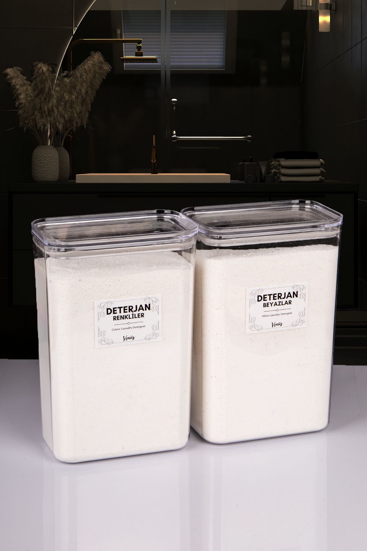 naturelove 2 Adet Vakumlu Kapaklı Toz Deterjan Renkliler Beyazlar Etiketli Kutu Akrilik 3 Litre