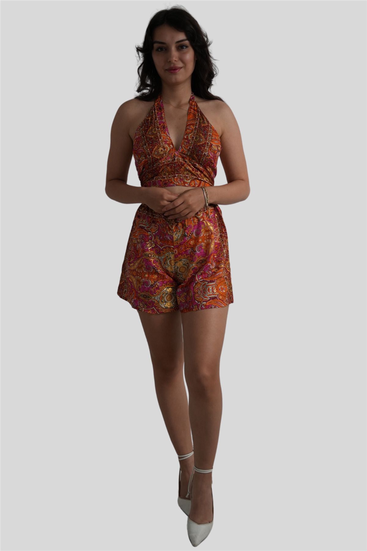 Miss Boheme Turuncu Gold Detaylı İpek Şort Crop Takım