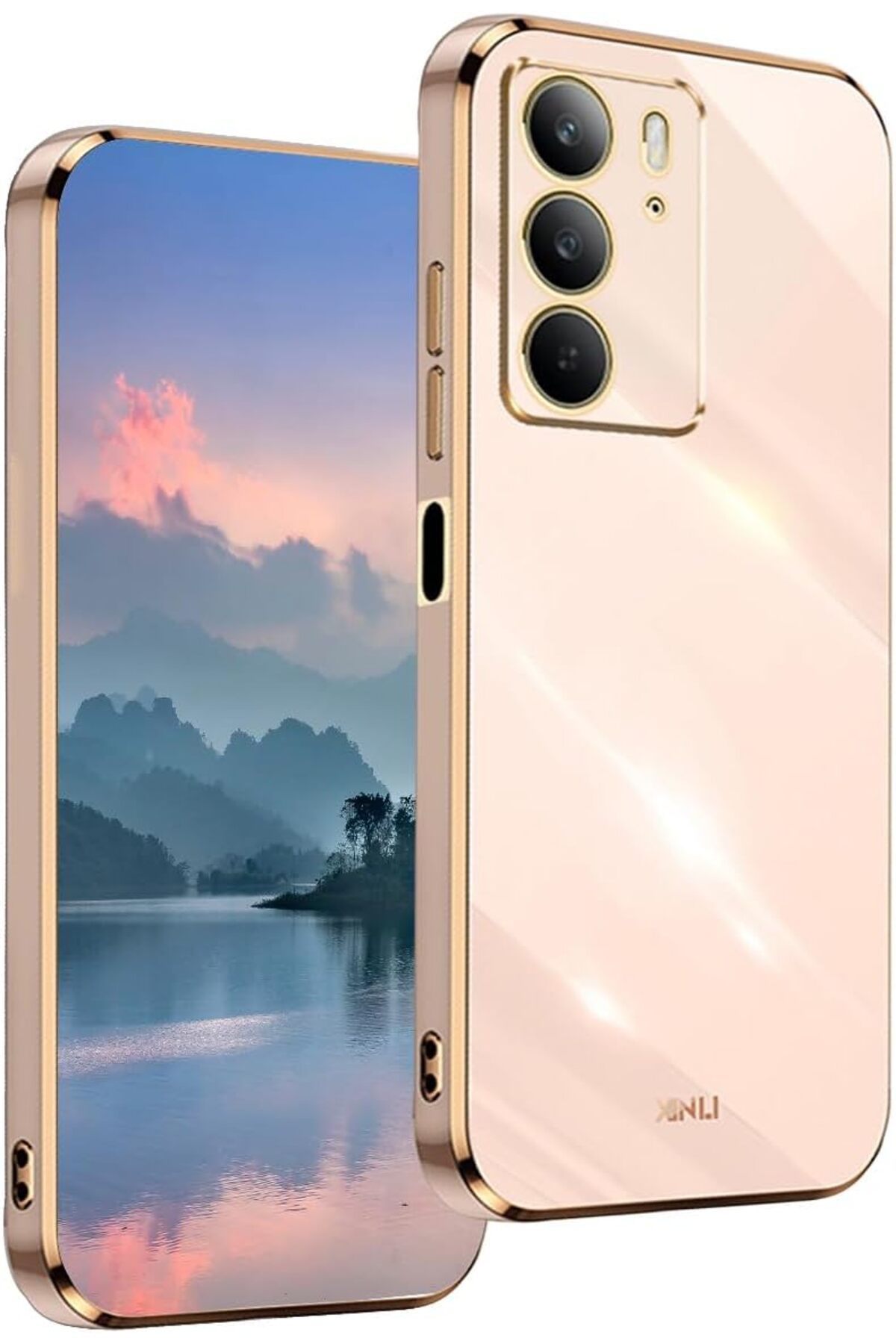 Rivor Realme C75 Uyumlu Kılıf Kamera Korumalı Parlak Kenarlı Altın İşlemeli Silikon Kapak