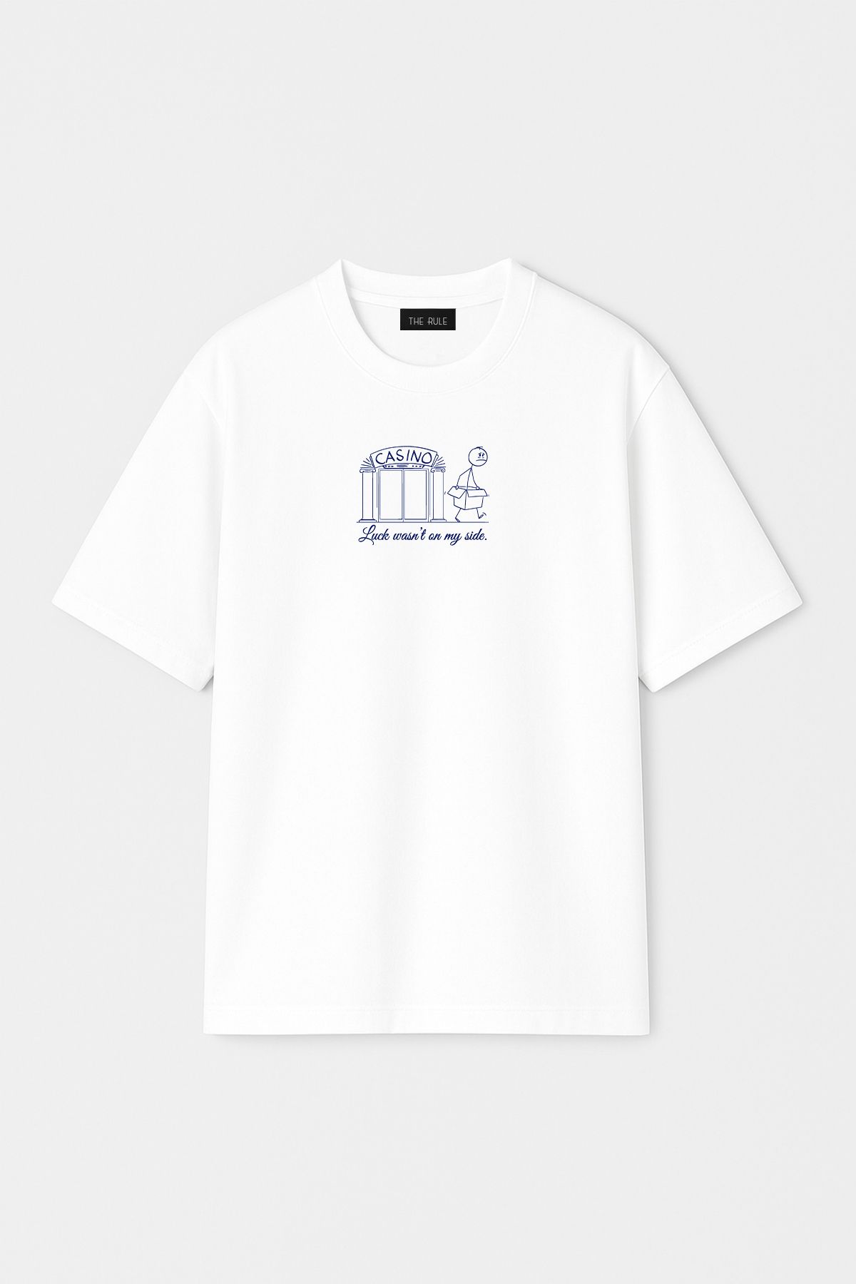 THE RULE Unisex Luck Baskılı Oversize %100 Pamuk Geniş Kesim Dokulu Bisiklet Yaka Beyaz T-Shirt RF0519