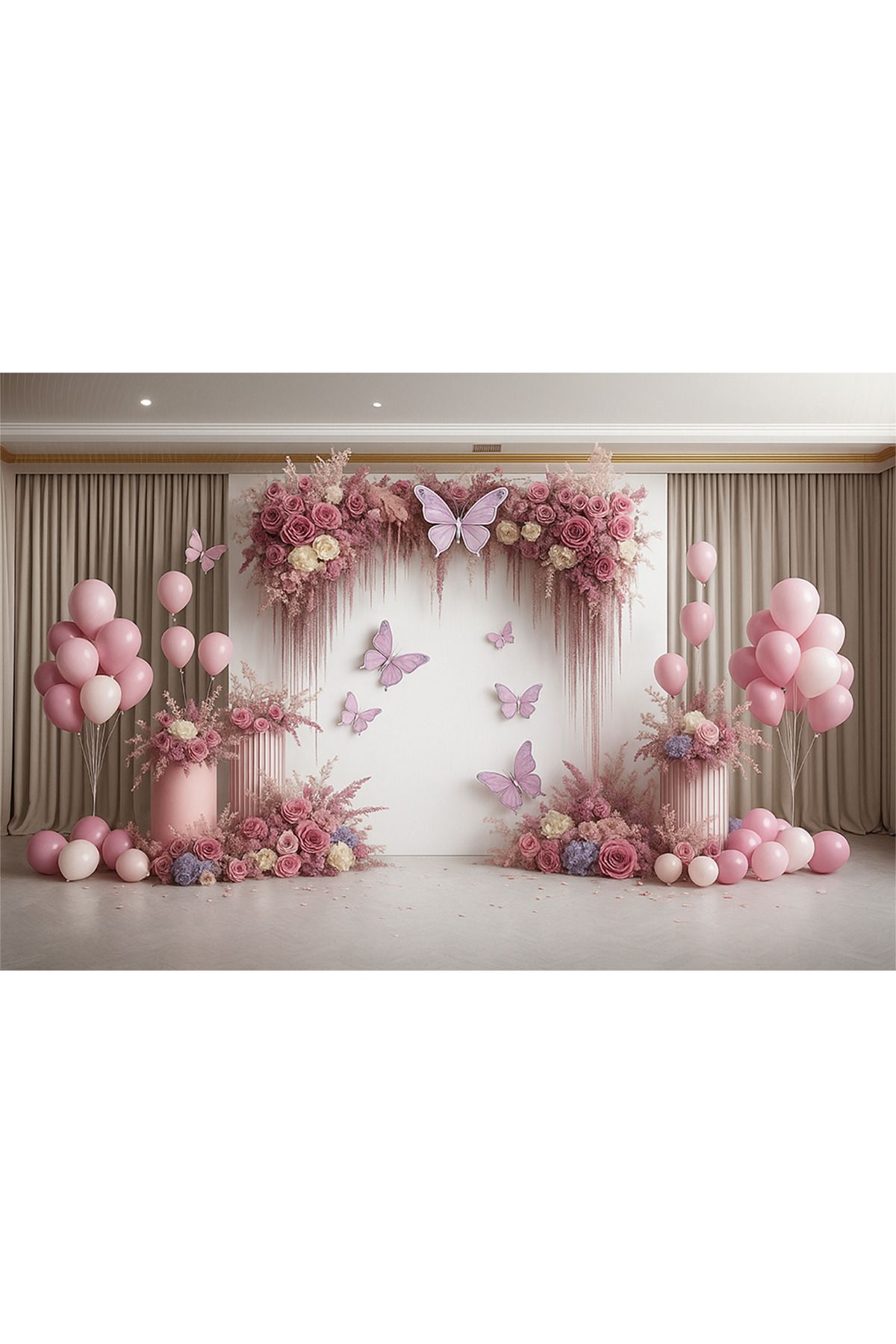Venspor Pembe ve Mor Çiçekler ve Kelebeklerle Zarif Stüdyo Fonu, 200x150cm Arka Plan