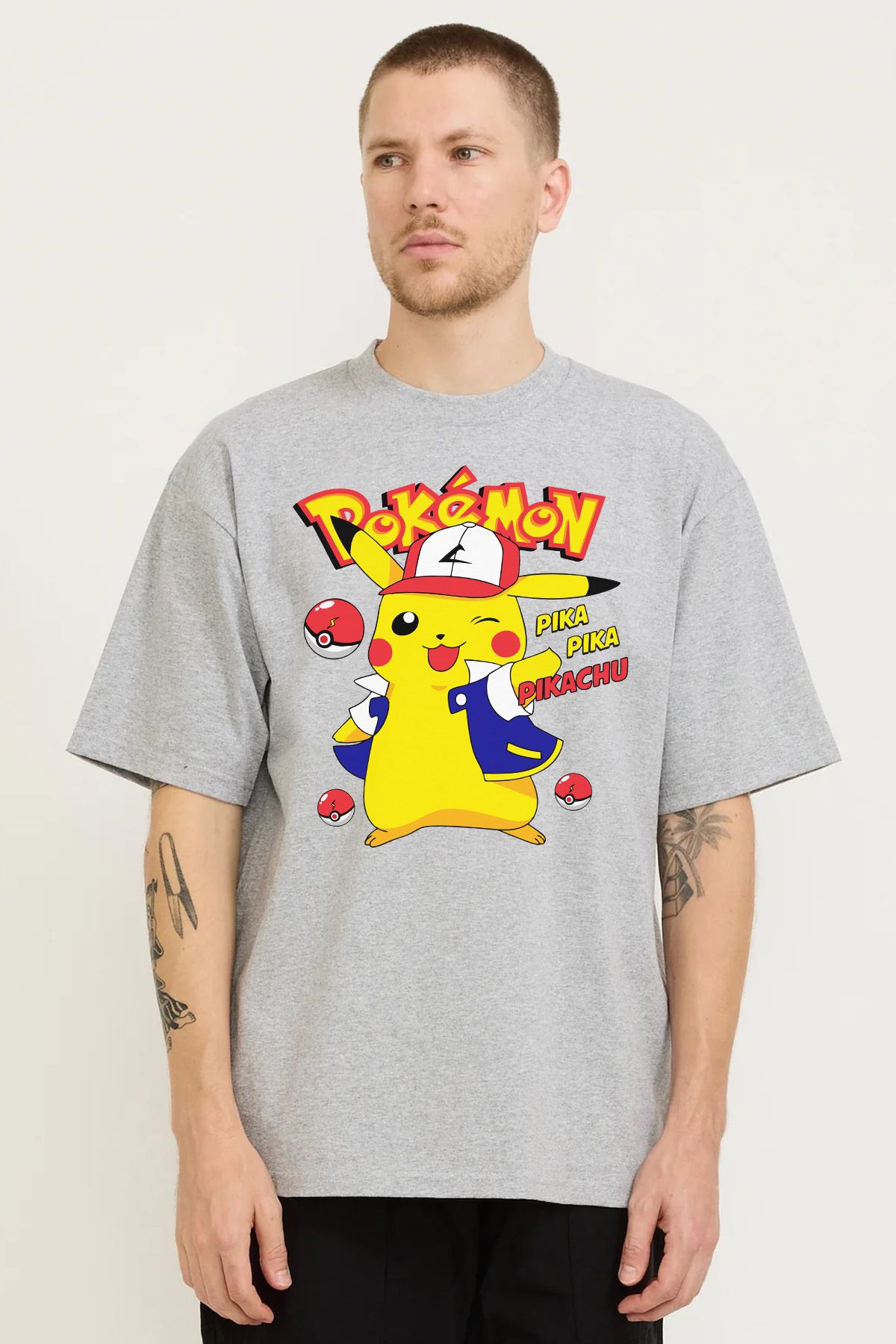 MODA Pokemon Pikachu Baskılı Oversize Kalıp Grimelanj Bol Geniş Kesim Erkek Tişört
