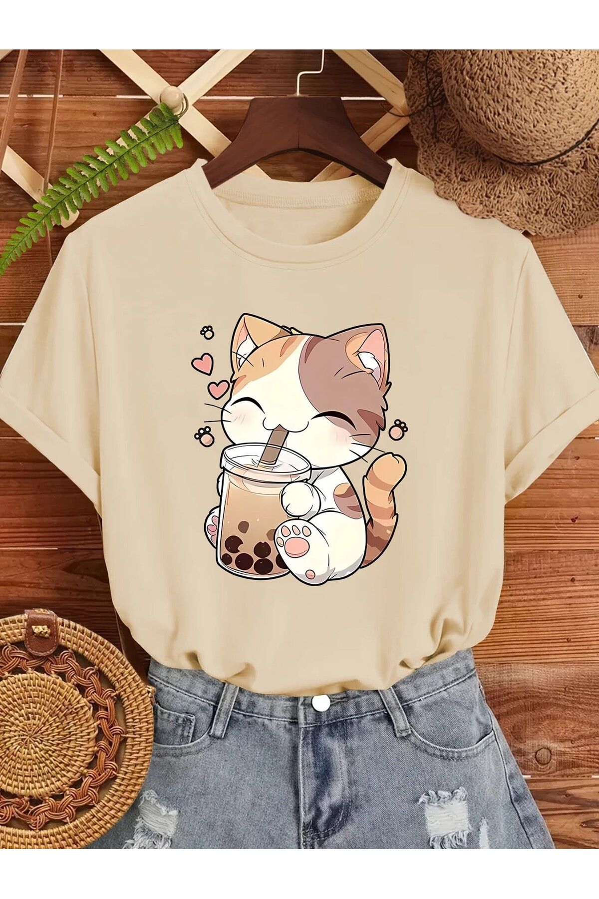 LEIVOR Bubble Tea & Kedi Baskılı Kadın T-shirt
