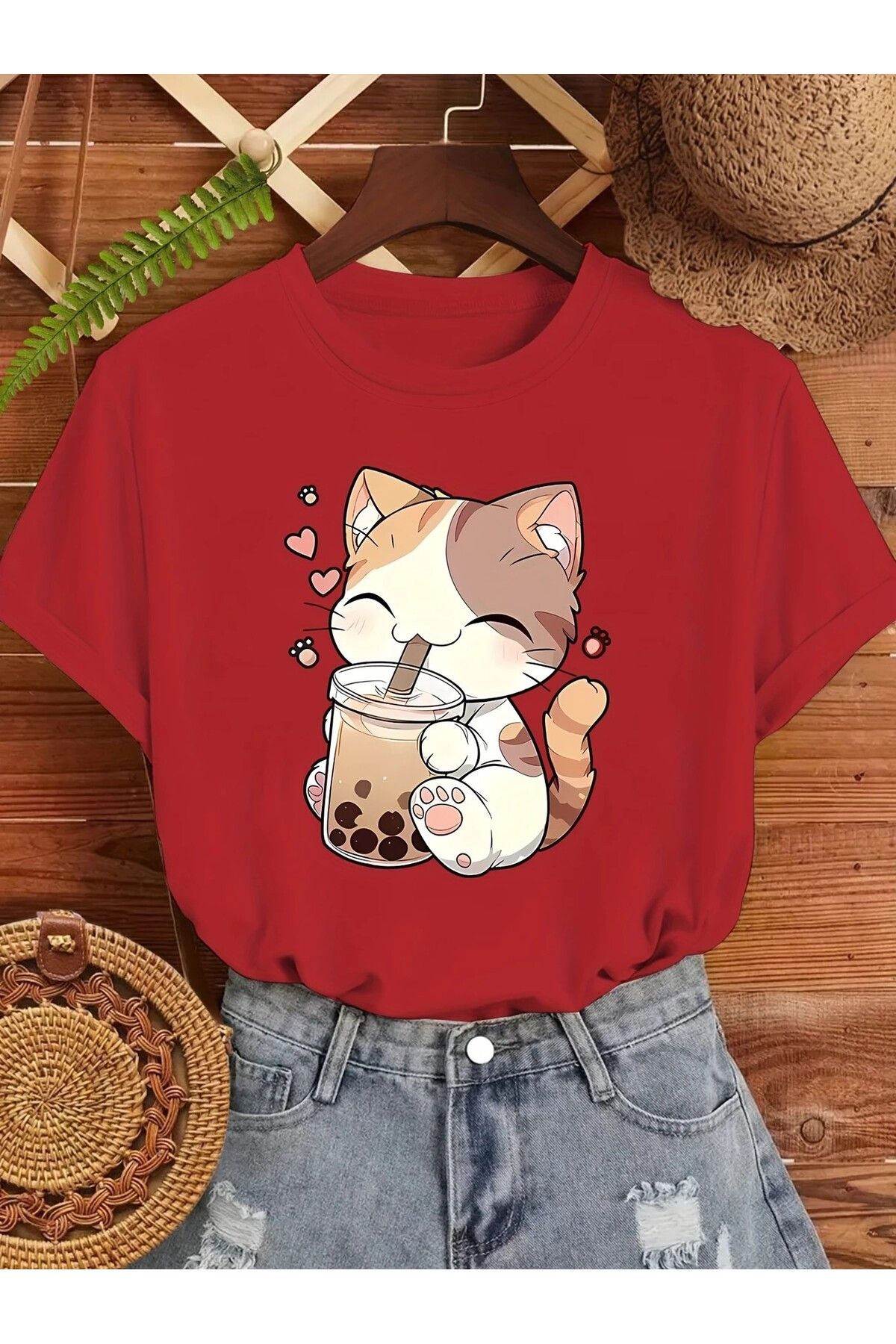 LEIVOR Bubble Tea & Kedi Baskılı Kadın T-shirt
