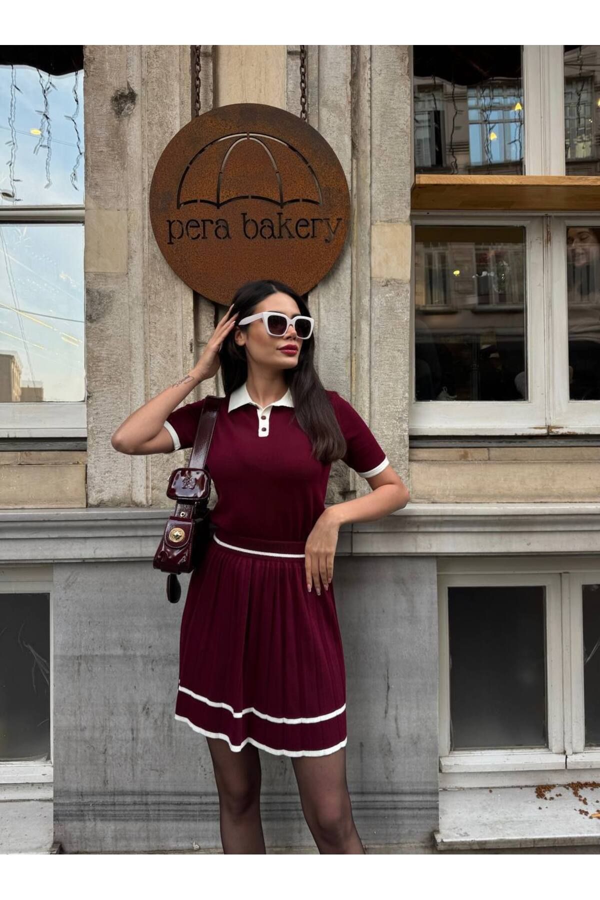 Abalı Yeni sezon - Triko Polo Yaka pileli Etek takım .