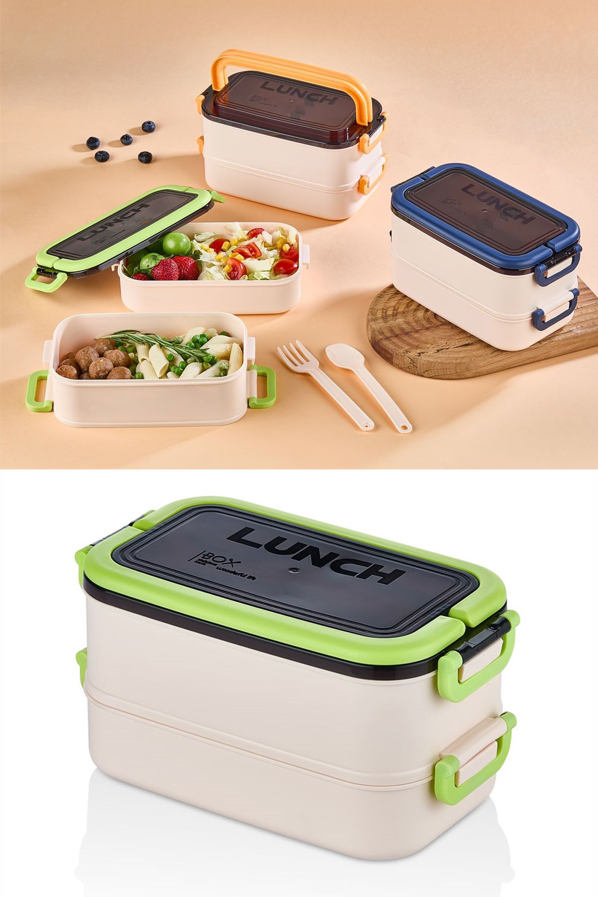 M&L LUNCH BOX 2 Katlı Taşınabilir Yemek Kabı Lunch Box Diyet Beslenme Kutusu Saklama Kabı Çatal Kaşıklı Sefer Tası