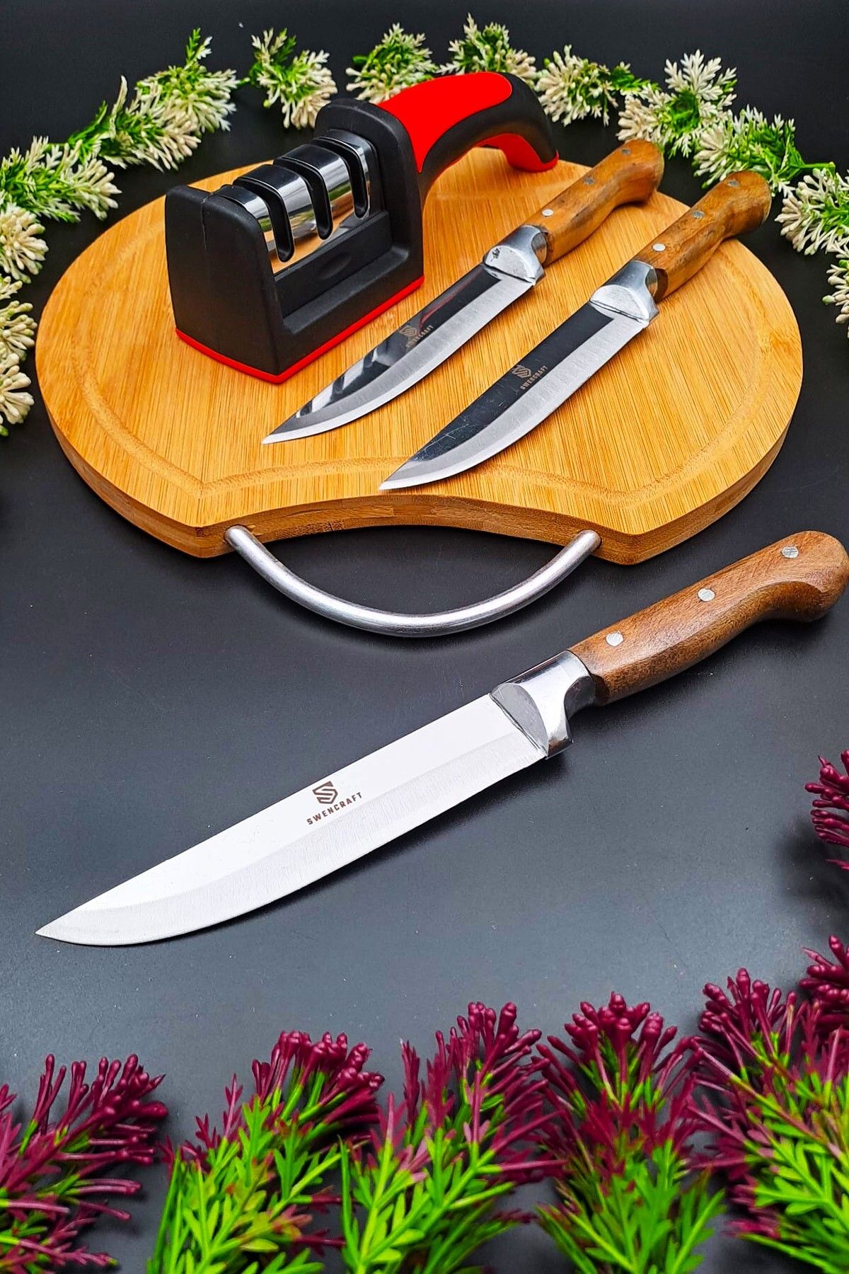 SWENCRAFT WEST HOME LÜX 5 Prç Bambu Kesme Tahtası Bileme Aparatı Et Sebze Ekmek Bıçağı Ahşap Sap ( 25 Cm )