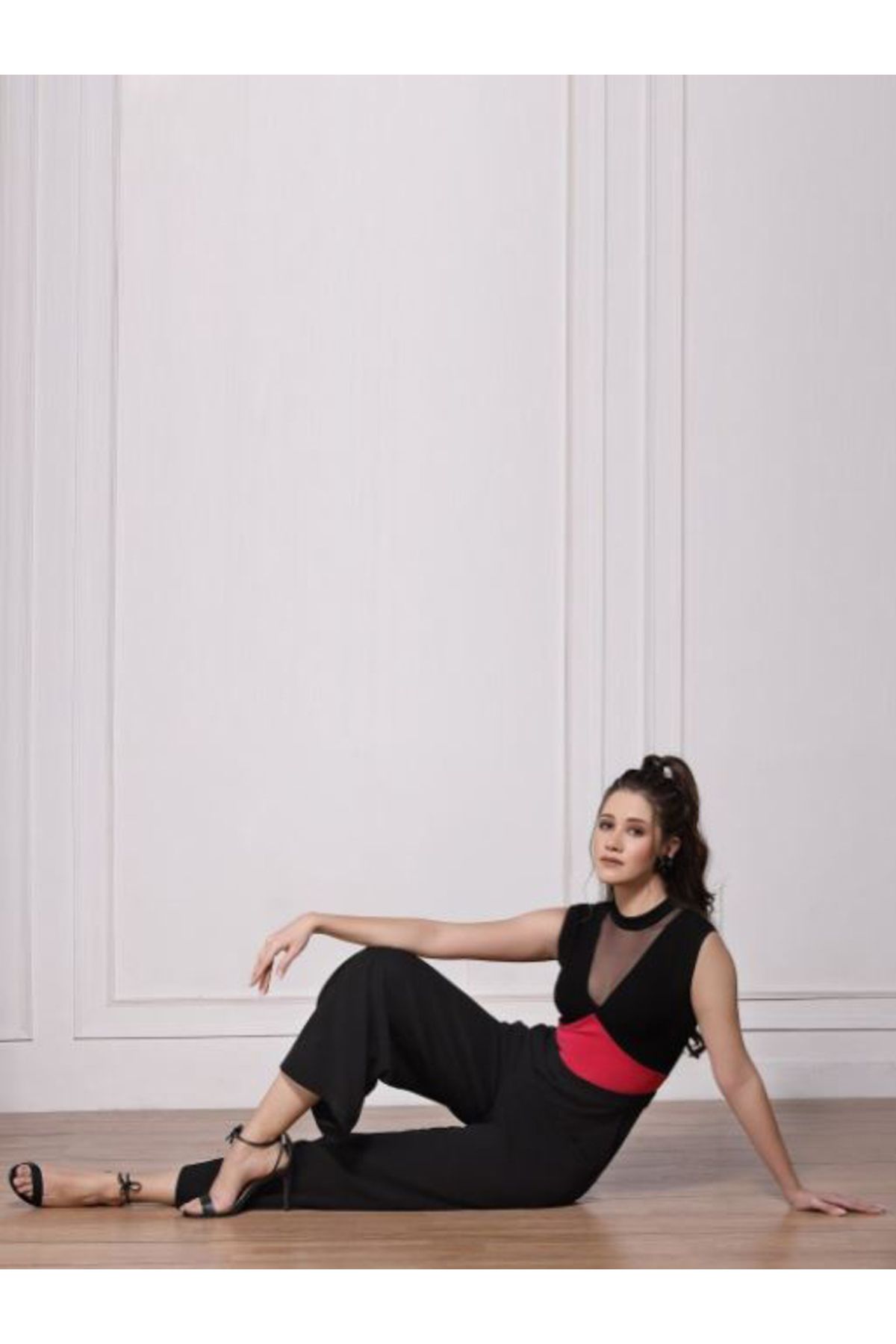 Kassually By Styli-Mesh Insert Contrast Panel Wide Leg Jumpsuit 6