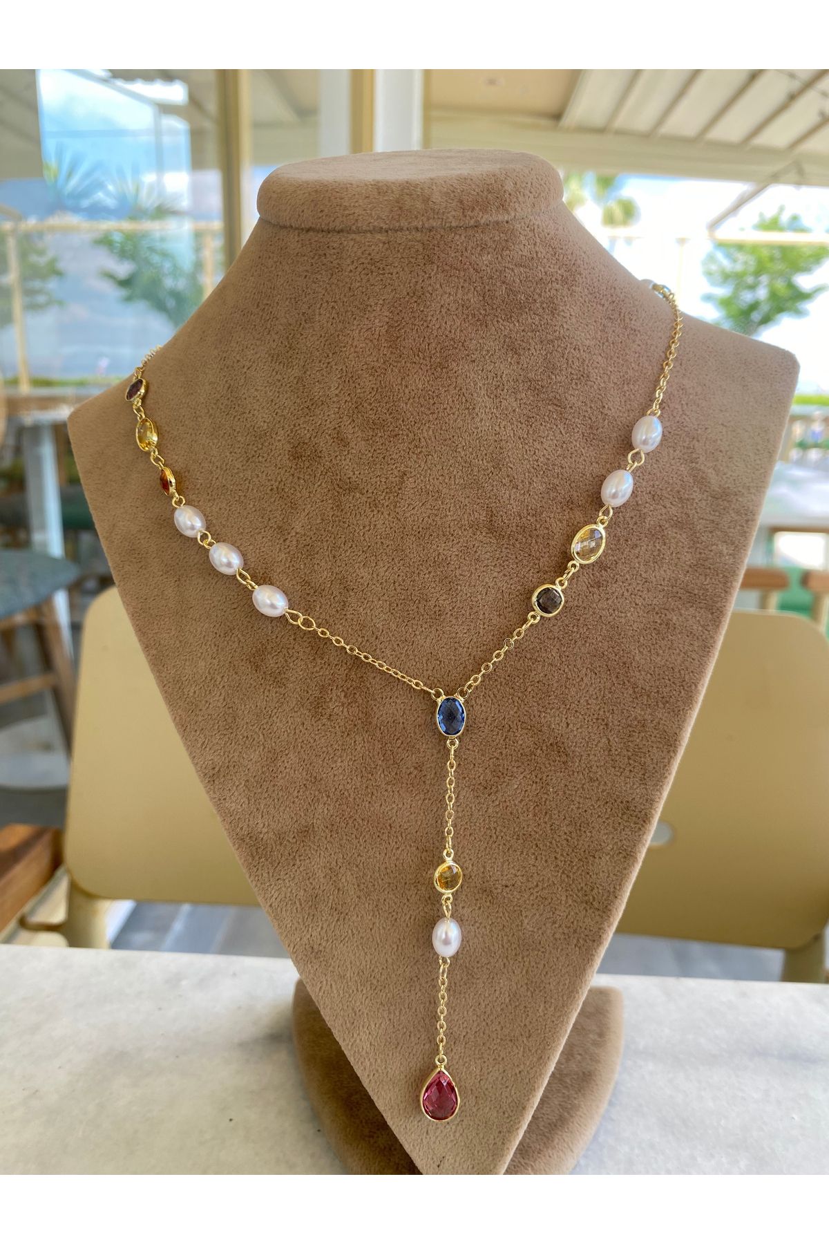 Moonjy Çelik Gold Zirkon Taşlı İnci Detaylı Opaline Dreams Y Kolye
