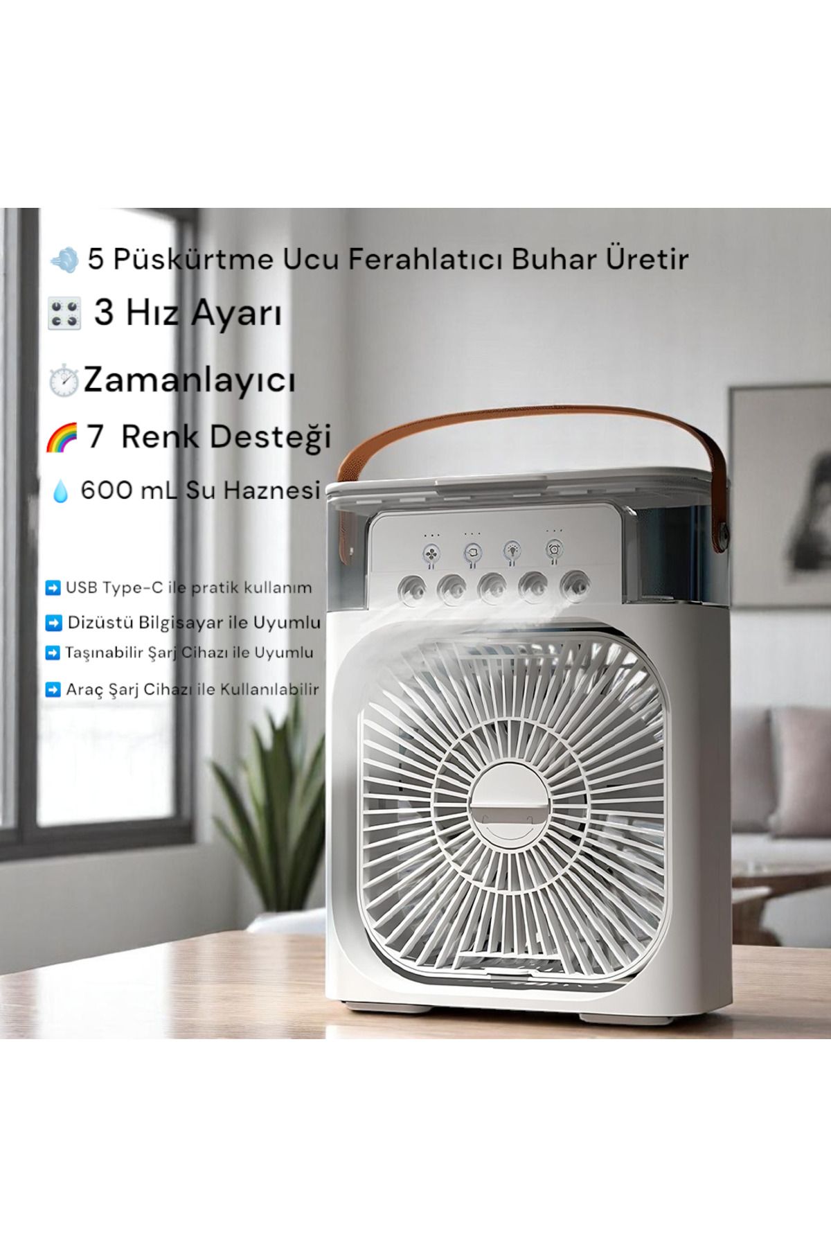 Kılıforyum USB Buharlı Hava Soğutucu Fan | 3 Kademeli Serinlik | Su Püskürtmeli Mini Vantilatör | 600 ml Tank