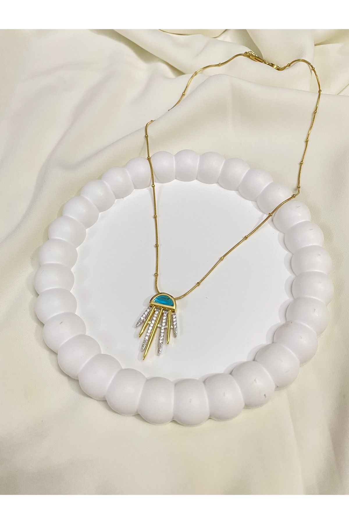 asem jewelry TURKUAZ DETAYLI DENİZANASI TASARIMLI IŞILTILI ÇELİK KOLYE