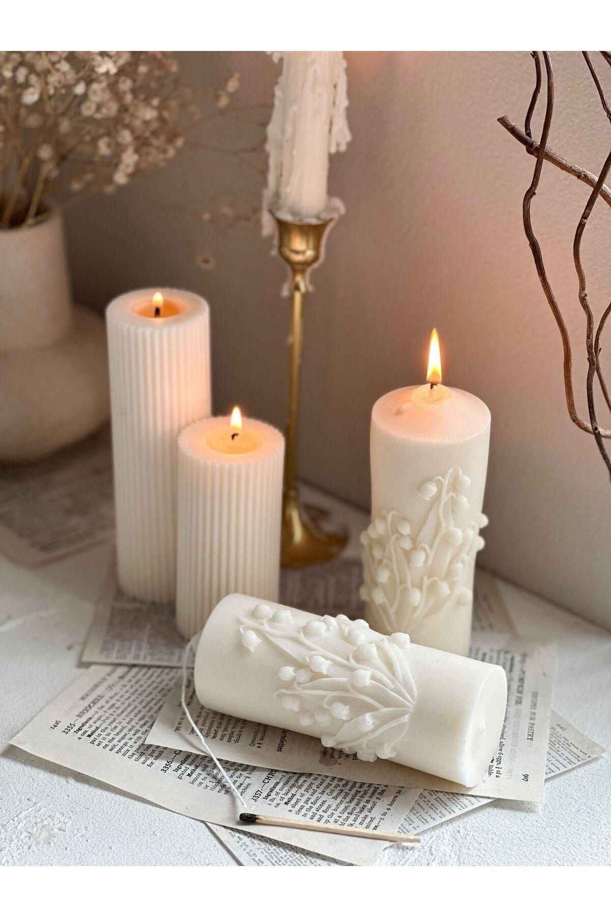SCA CANDLE Dekoraitf Mum Kırık Beyaz Renk 2 gül Rattan model +çokben 20 CM +Çokgen 15 Cm toplam 4 parça