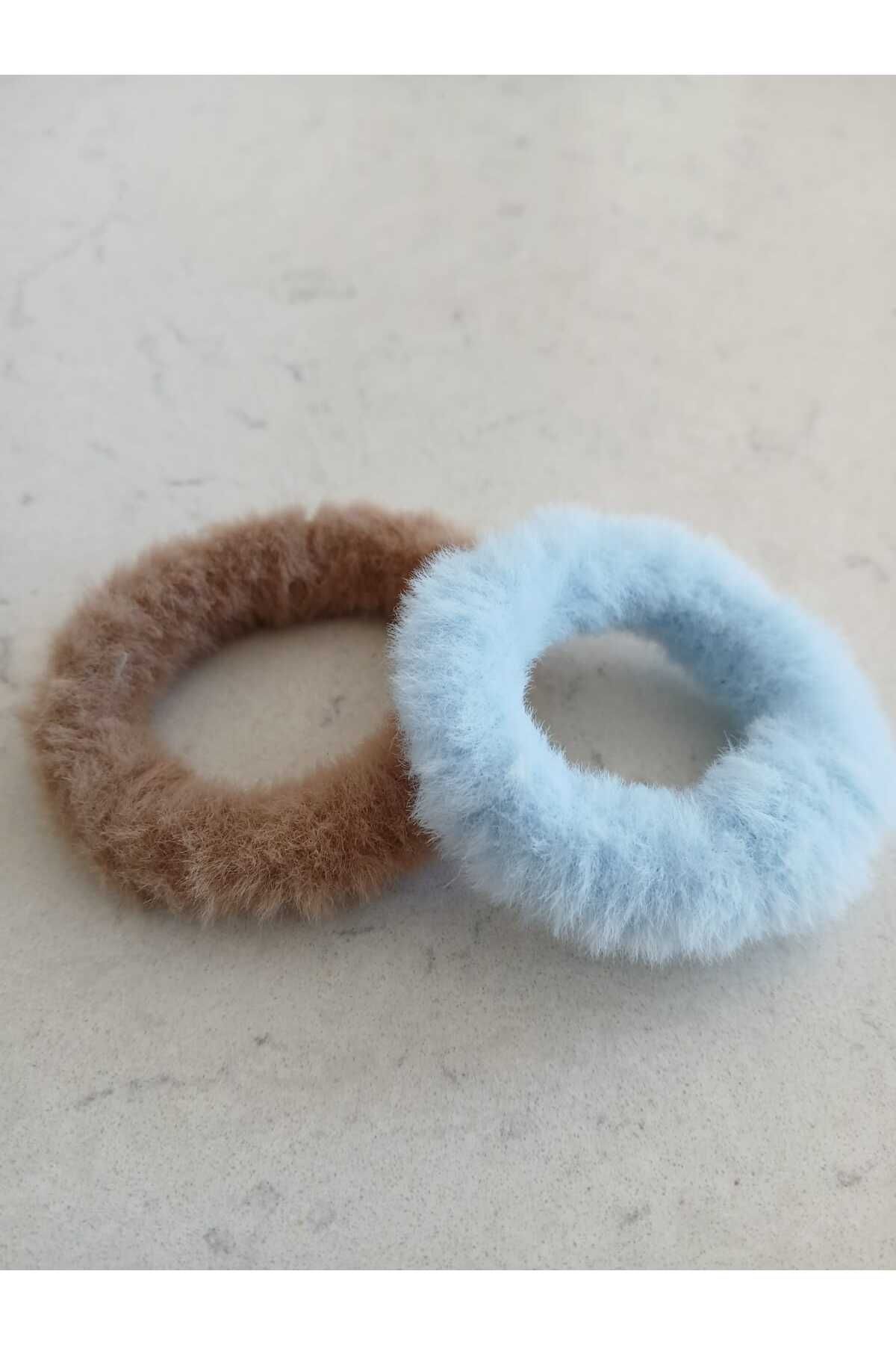 chibi 2'li Pastel Tonlarda Yumuşak Peluş Lastik Toka Seti - Mavi ve Kahve