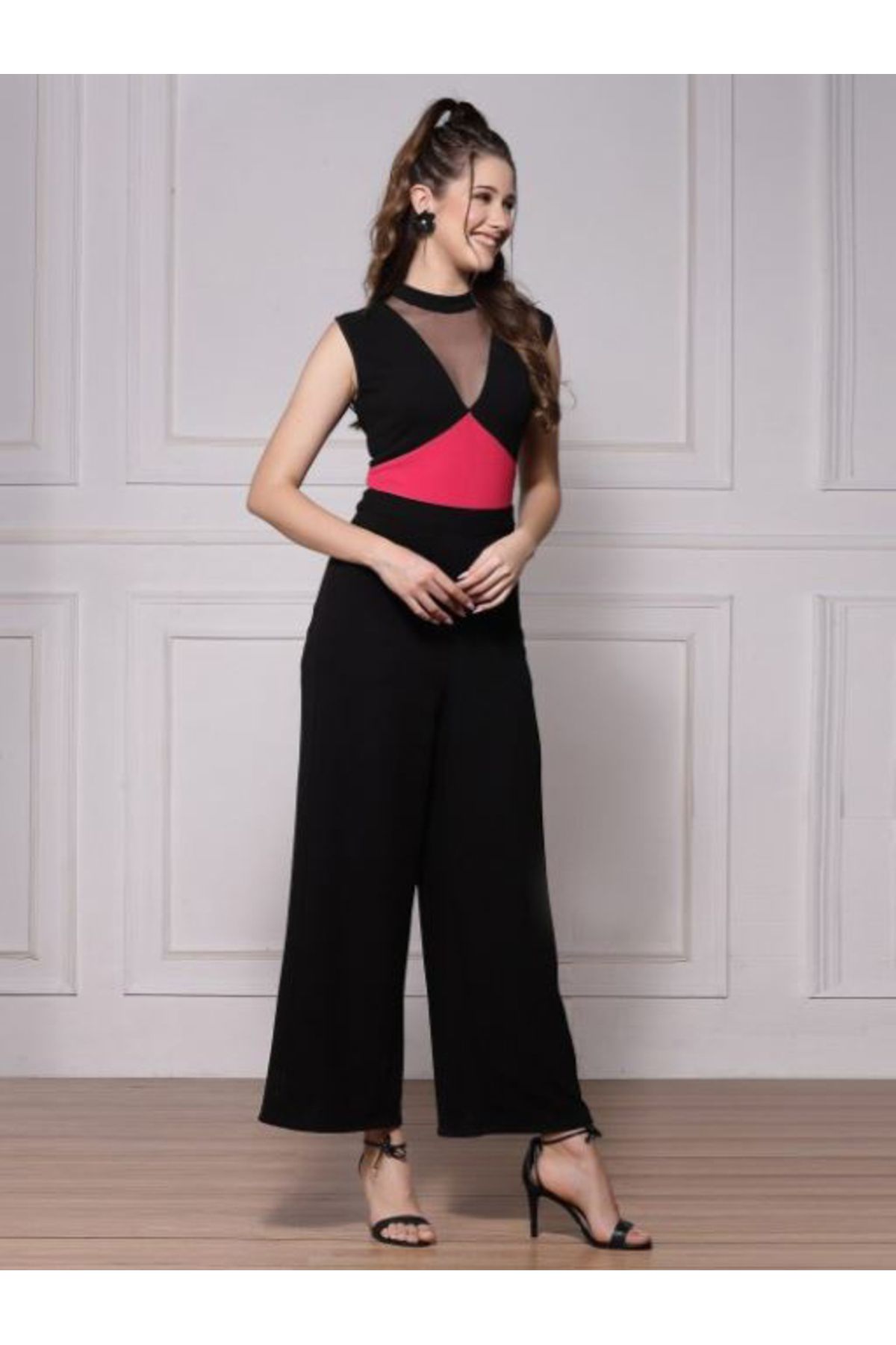 Kassually By Styli-Mesh Insert Contrast Panel Wide Leg Jumpsuit 3