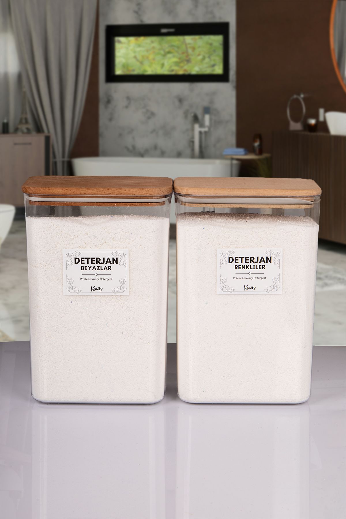 naturelove 2'Li Doğal Ahşap Vakumlu Kapak Toz Deterjan Kutusu Renkliler Beyazlar Etiketli 3 litre
