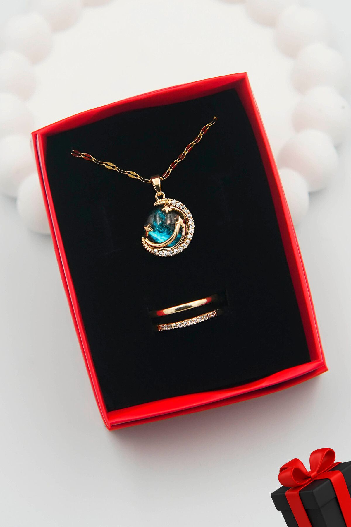 TREND COLLECTİON Kadın Paslanmaz Çelik Gold Zirkon Taşlı Gökyüzü Kolye Ve Su Yolu Yüzük Set
