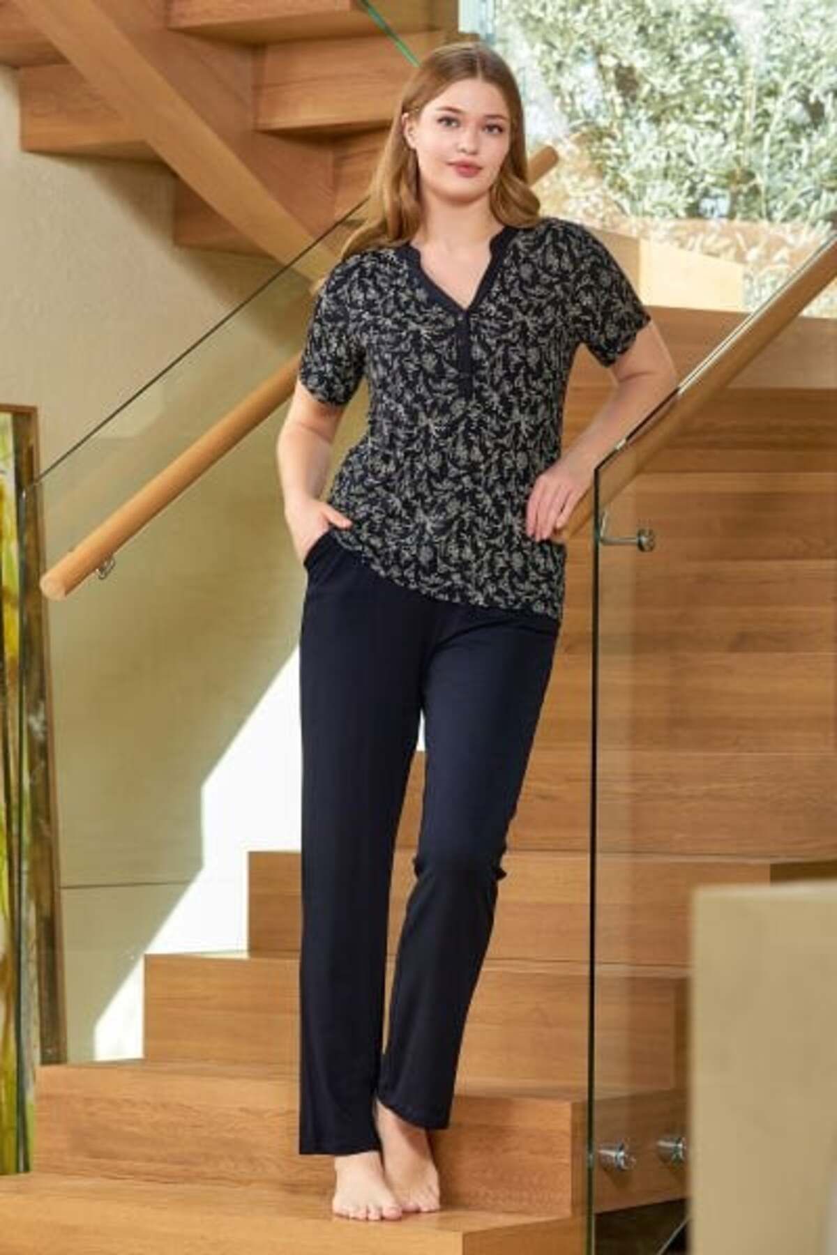 Cossy By Aqua Kadın Desenli Kısa Kol Pijama Takımı (Geniş Beden Aralığı) 25570