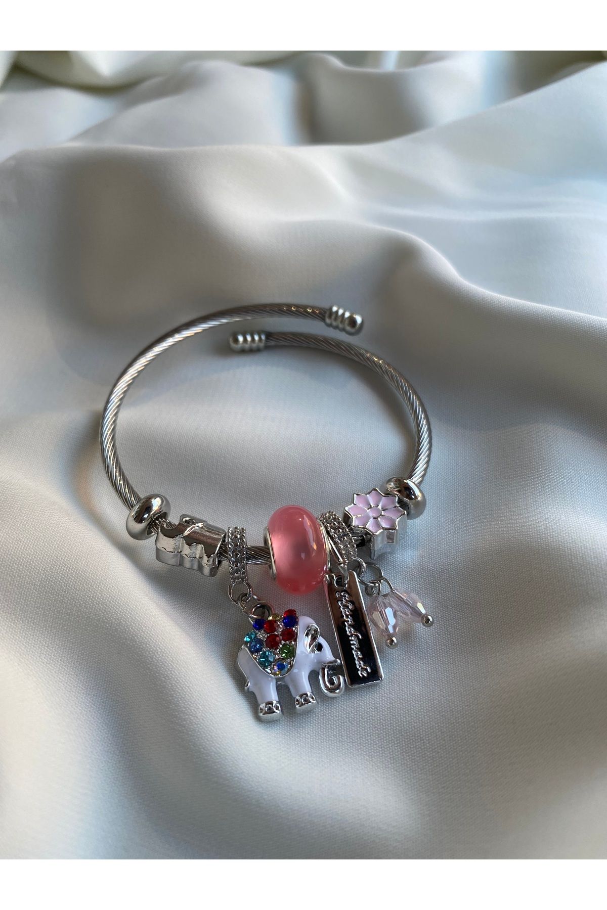 asem jewelry ŞANS FİLİ VE RENKLİ CHARM ÇELİK BİLEKLİK