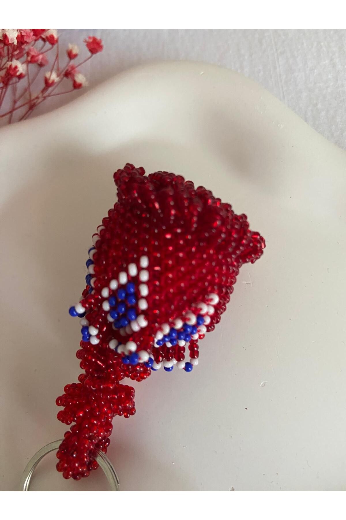 Handmade KUM BONCUK EL İŞİ KIRMIZI LACİVERT ORTA BOY GÜL ANAHTARLIK