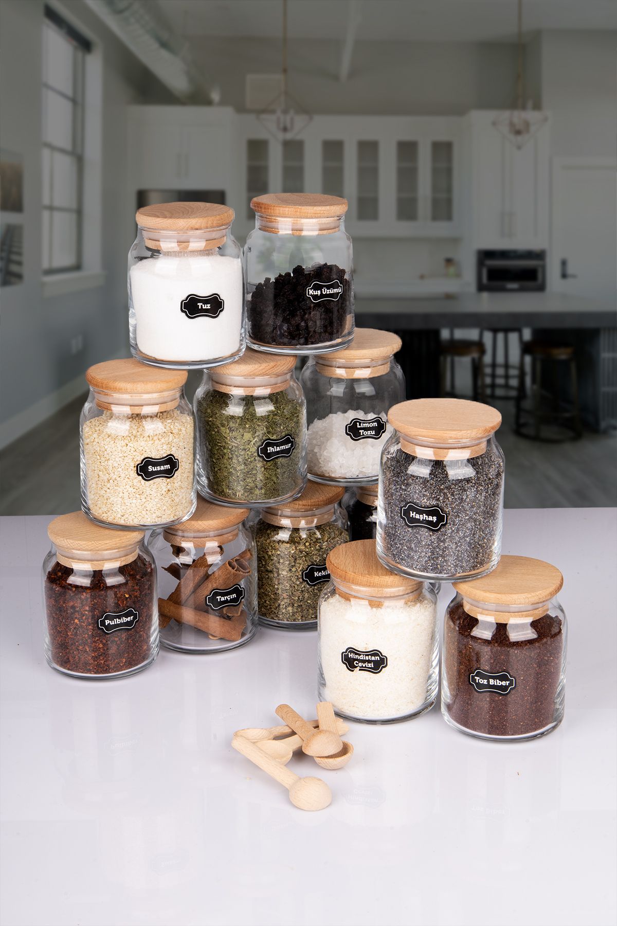 naturelove 12'Li Doğal Ahşap Vakumlu Kapaklı Cam Baharatlık 300 ML Etiket ve Kaşık Hediyeli