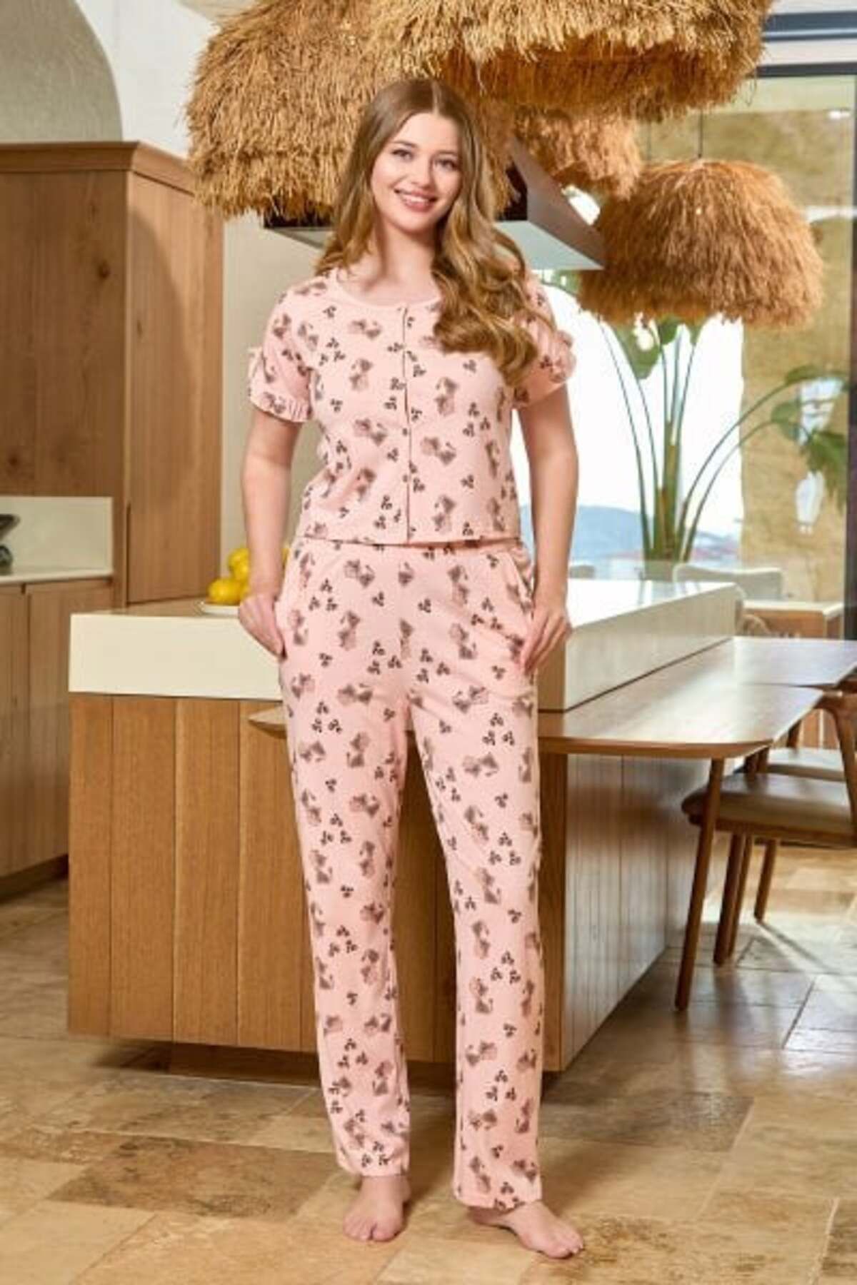 Cossy By Aqua Kadın Desenli Önden Düğmeli Pamuk Pijama Takımı 25504