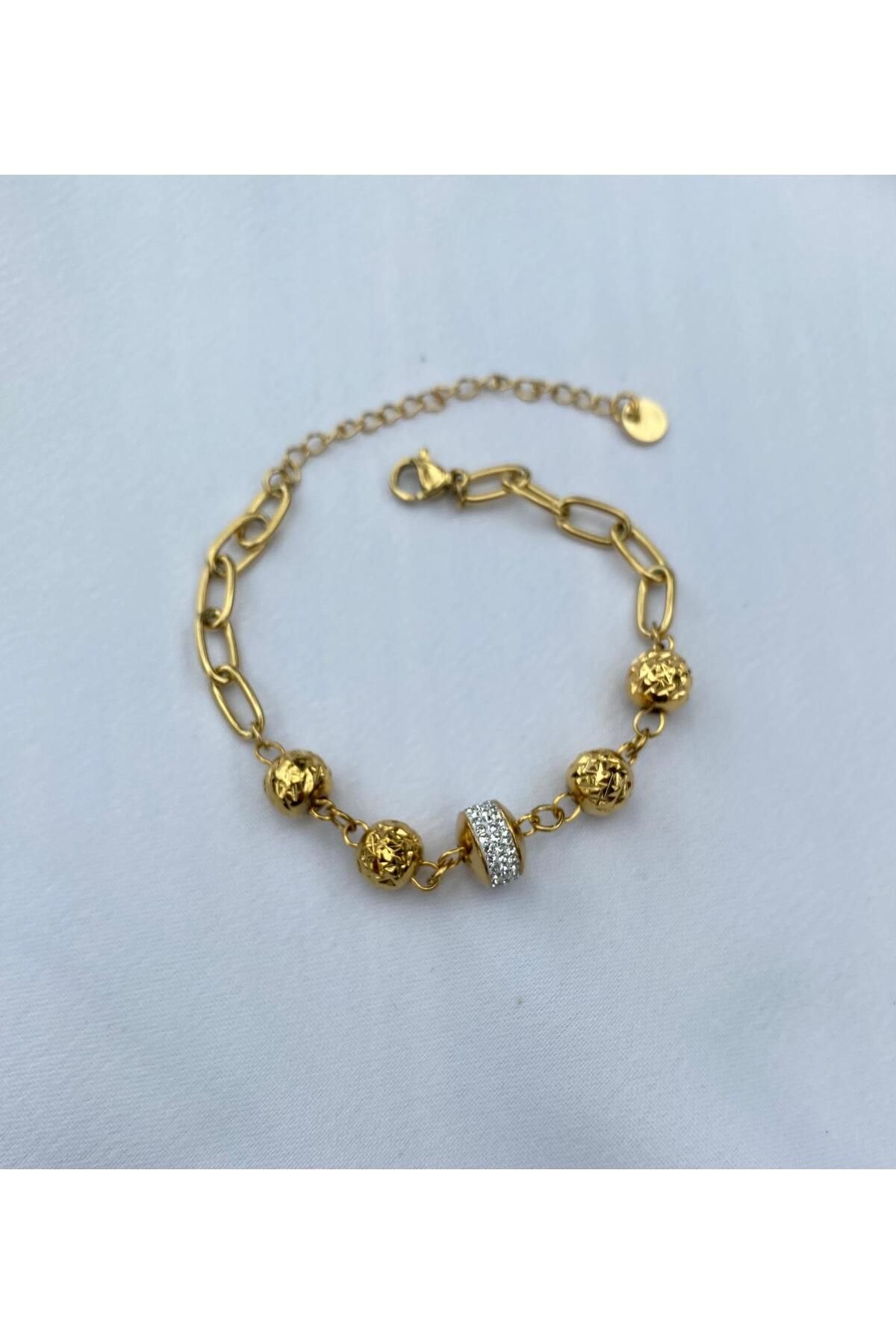 Butik Topçuk Detaylı Çelik Bileklik (Gold)