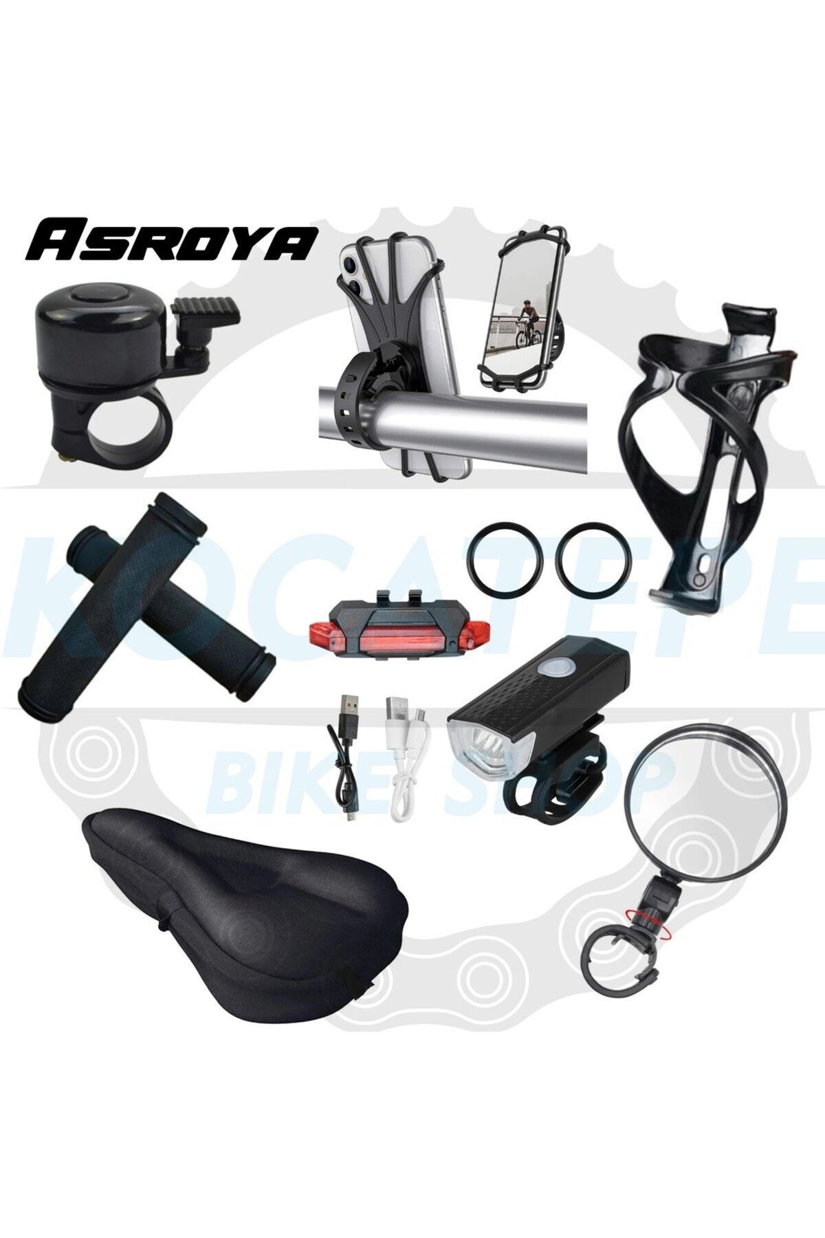 SerenityHaven 8 Adet Bisiklet Aksesuar Seti Işık/Zil/Telefon Tutucu/Matara Kafesi/Ayna/Jel Kılıf/Elcik