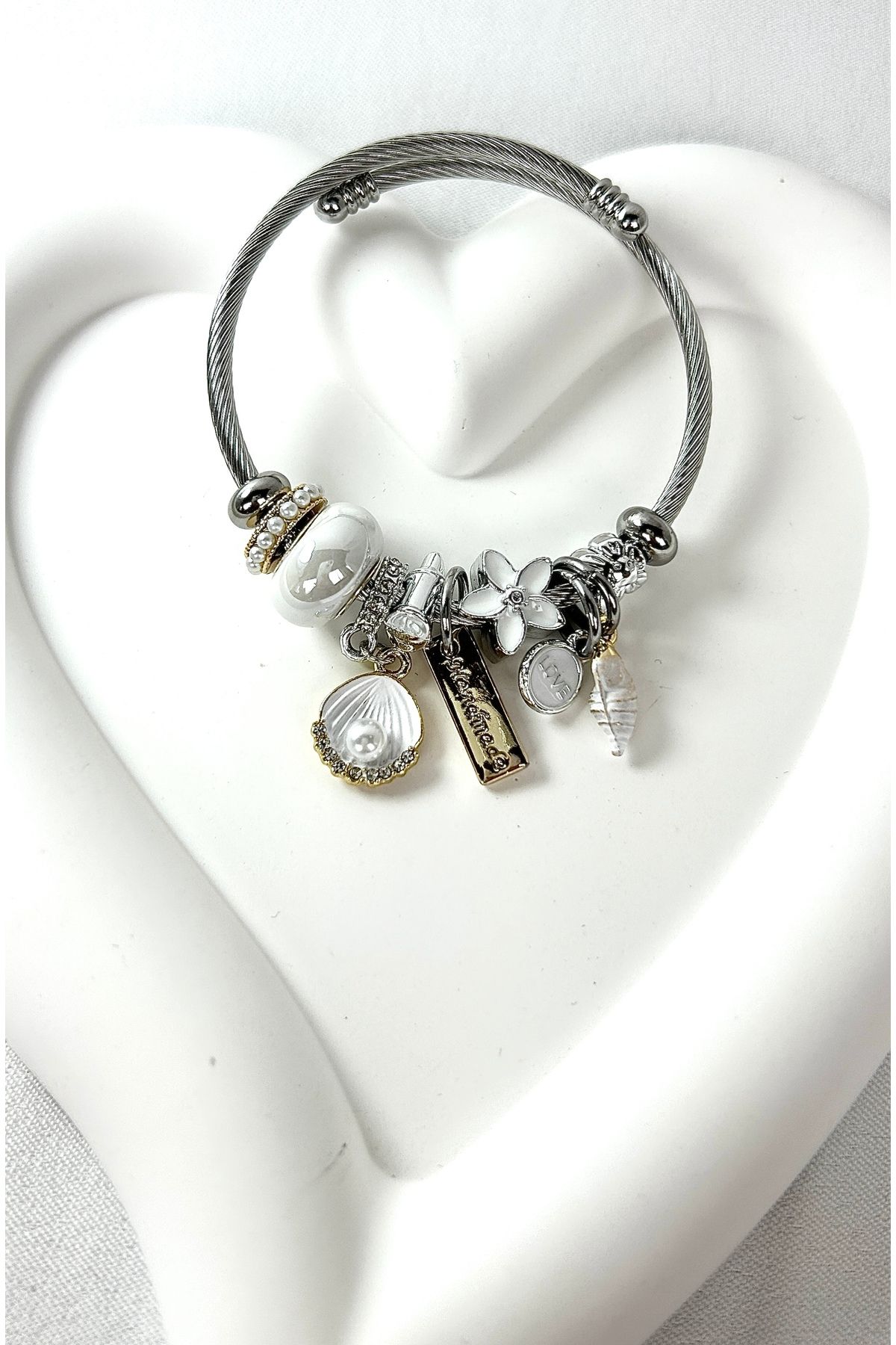 Alvora Accessories Beyaz Charm Detaylı Çelik Halat Bileklik