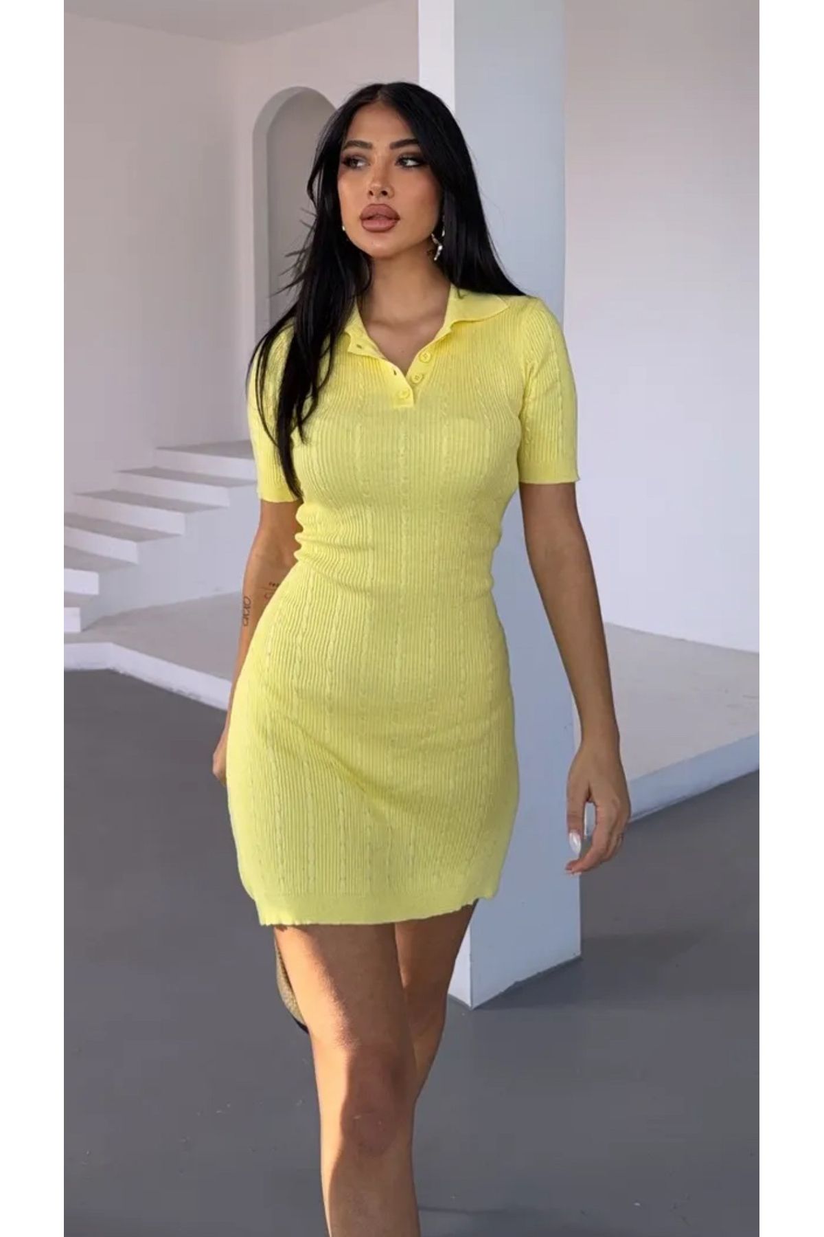 Noi Belis Mini Boy Polo Yaka Örgü Detaylı İnce Yazlık Elbise SS25EL0012