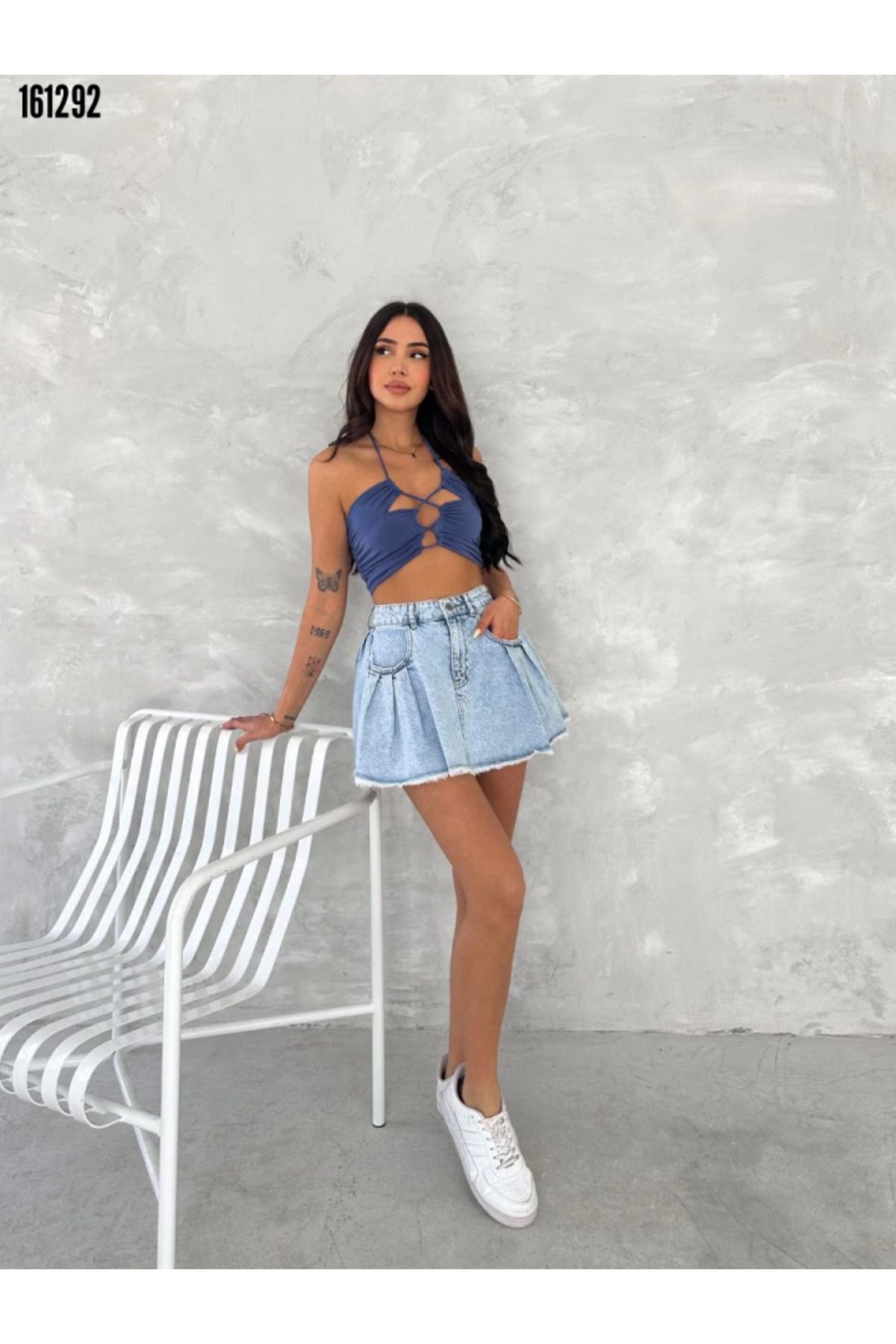 BZ Boutique Pileli Mavi Kot Mini Etek 161292