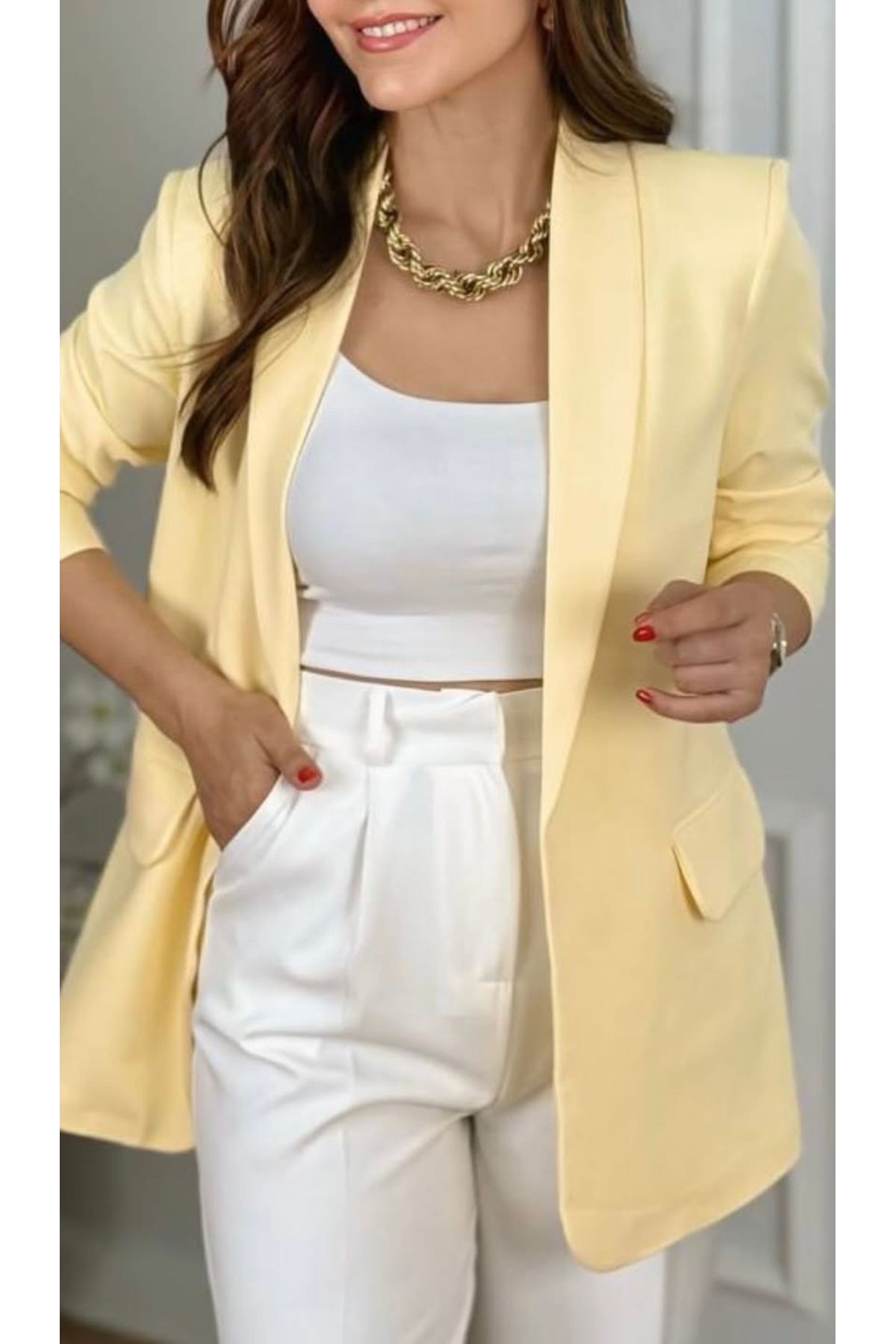 CEYDA AYAZ Sarı kolu büzgülü blazer