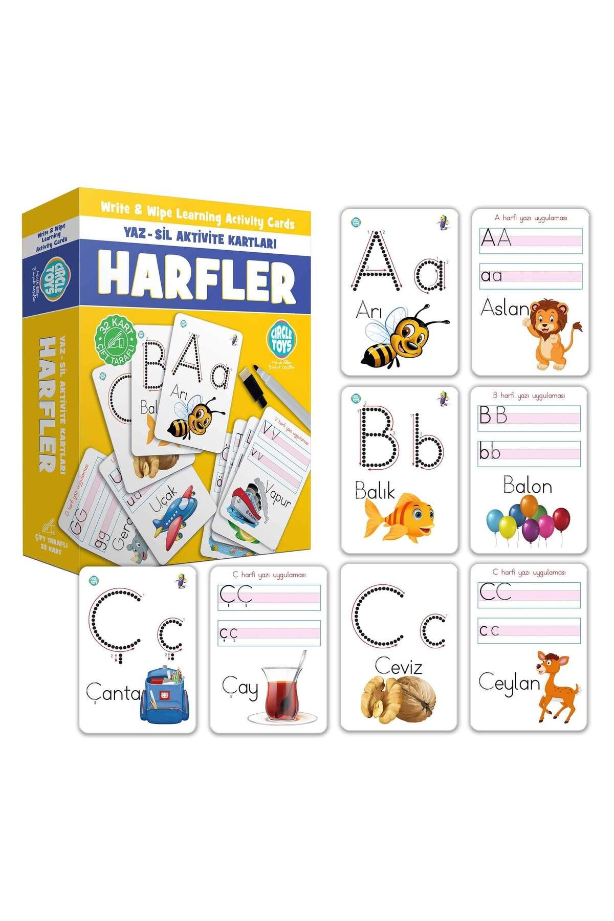 SHOPBY Harfler Yaz Sil Aktivite Kartları Çift Taraflı 32 Kart Eğitim Seti