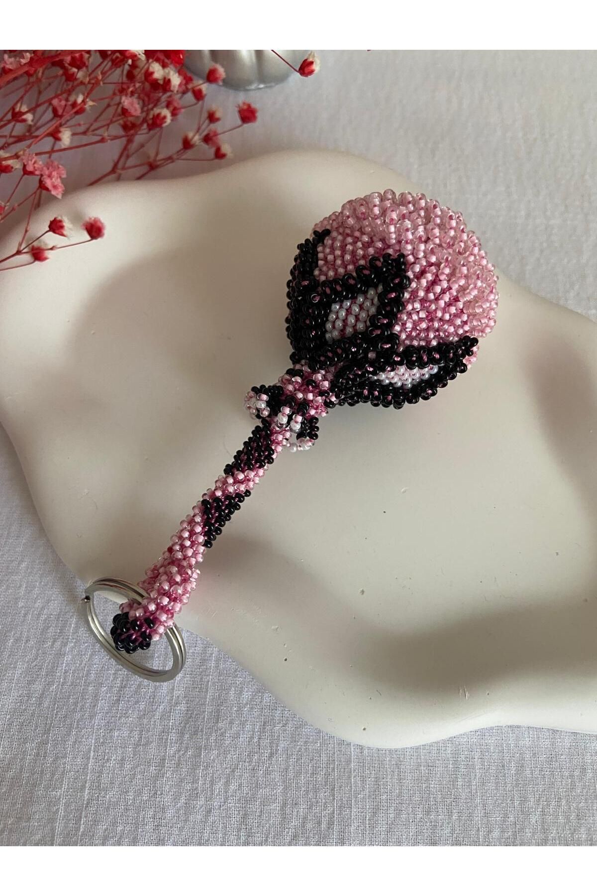 Handmade KUM BONCUK EL İŞİ PEMBE BÜYÜK BOY GÜL ANAHTARLIK