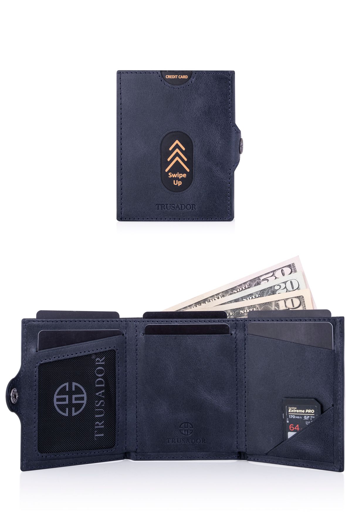 کیف پول زنانه نگهدارنده کارت آبی NAVY WALENCIA چرمی اصلی یونیسکس RFID محافظت شده Trusador