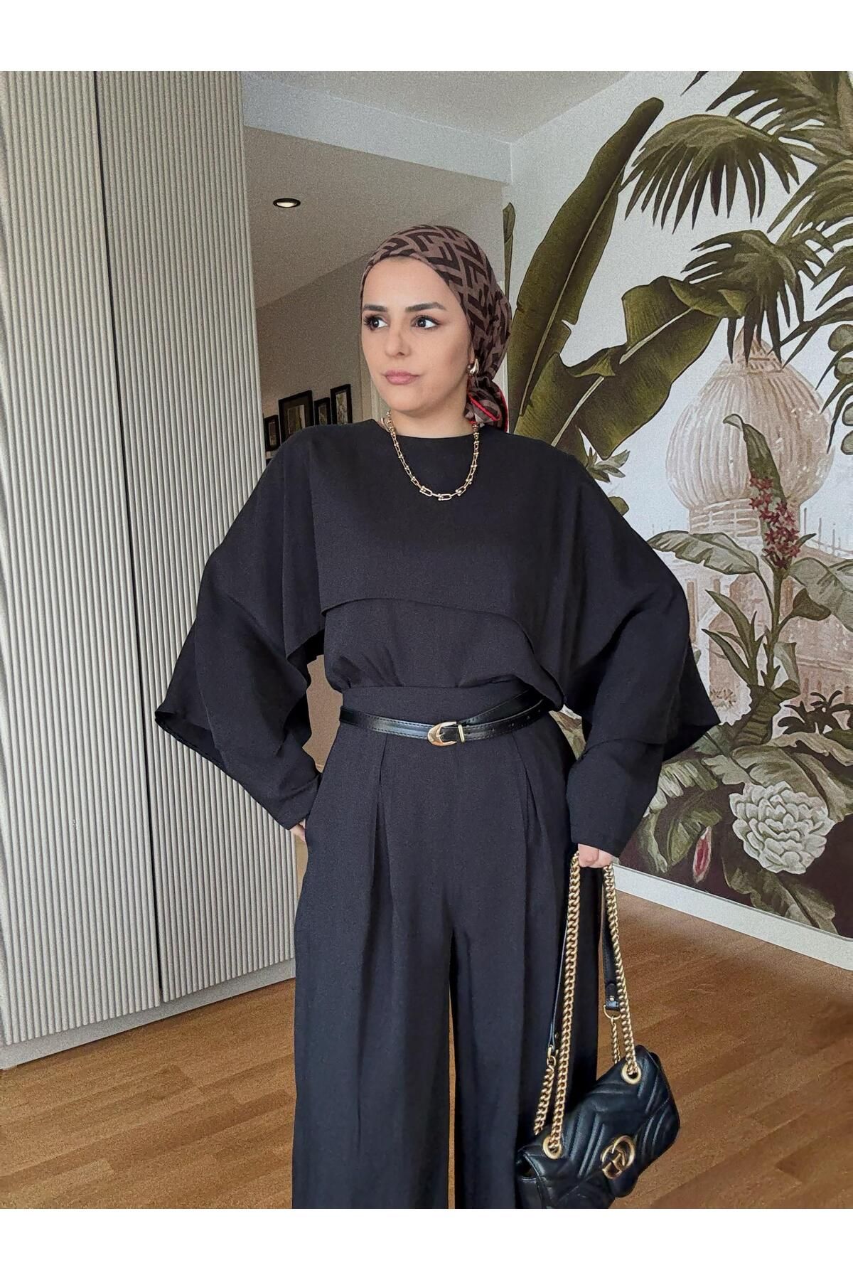 Aselim Hijap Moda Pelerin Üst Detaylı Kemerli Palazzo Pantolon Takım – İthal Dokuma Kumaş -Siyah