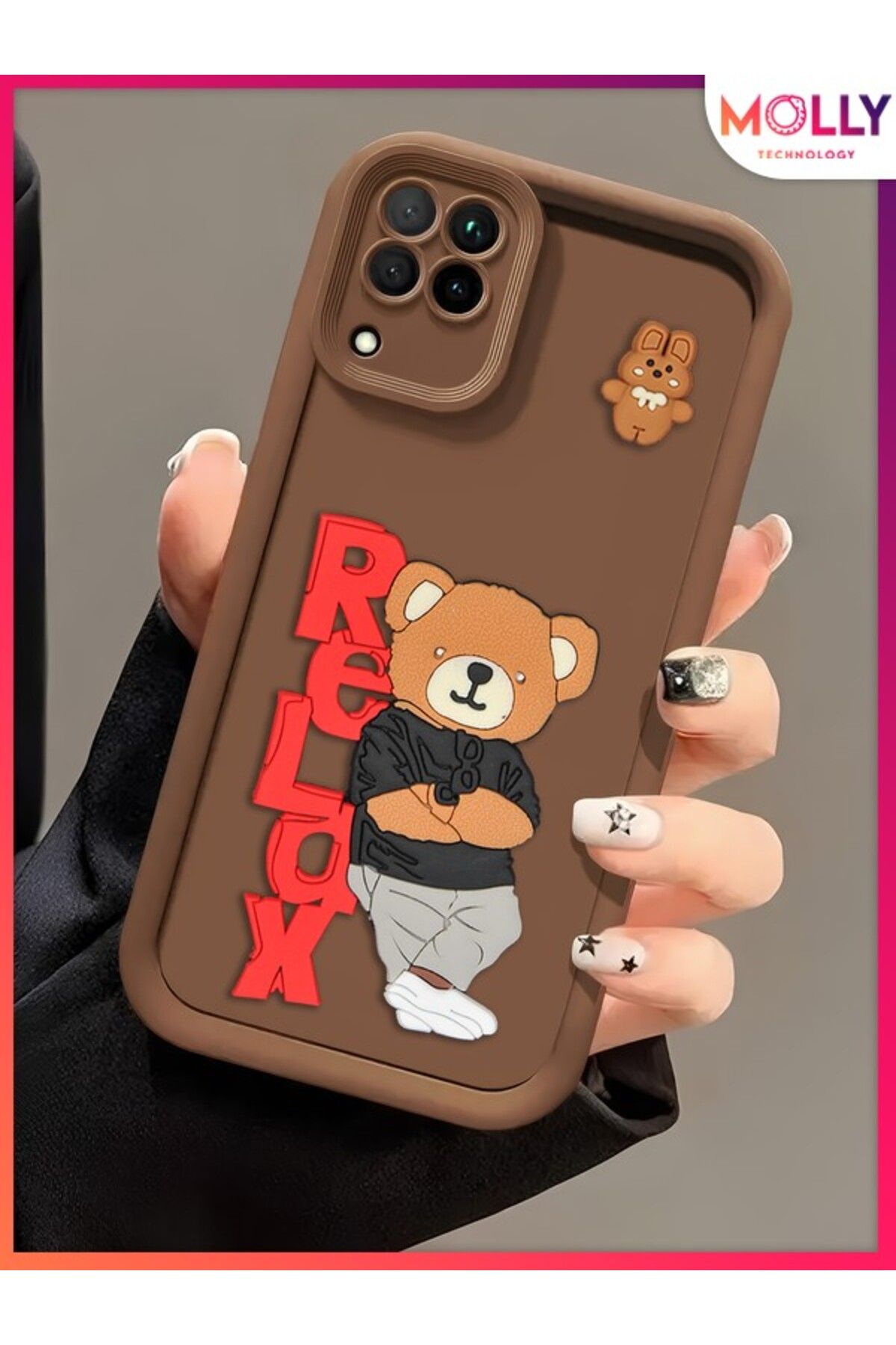 Molly Huawei P40 Lite İçin Fallow Brown Kenarları Kalın 3d Kabartmalı Teddy Bear Silikon Kılıf