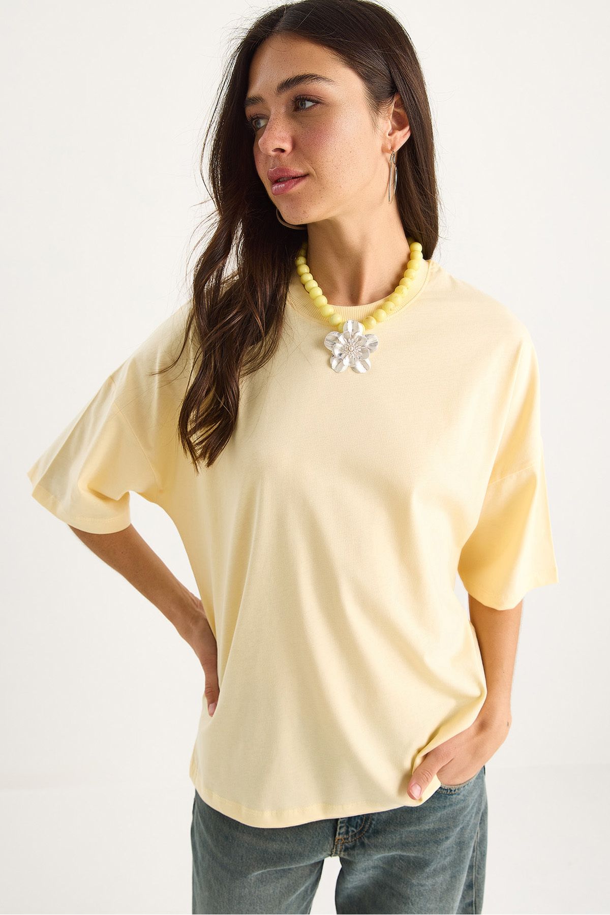 Bianco Lucci Kadın %100 Organik Pamuk Oversize Basic T-Shirt 60602065