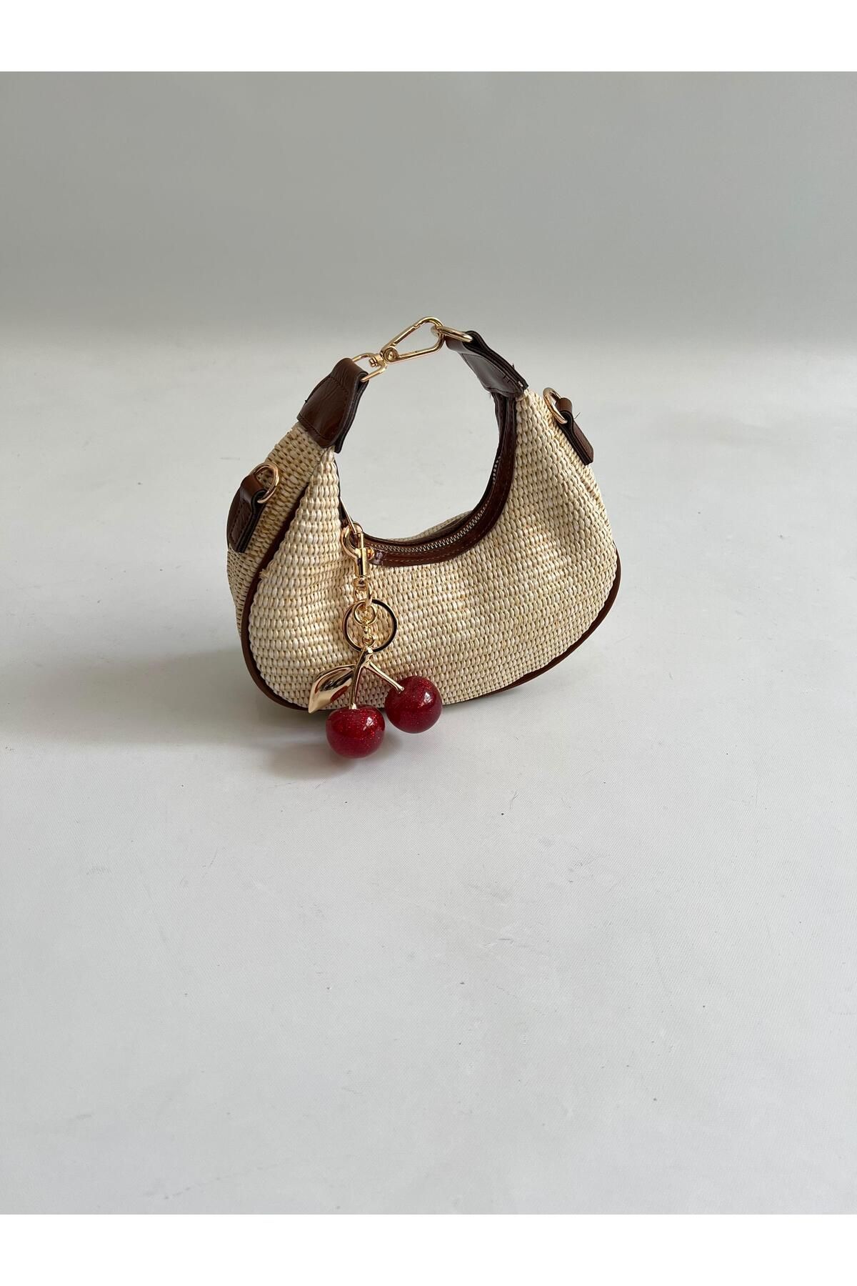 Mia Collection Gerçek Hasır Baby Model El Ve Kadın Omuz Çantası Acı Kahve ( Kiraz Charm Dahil )