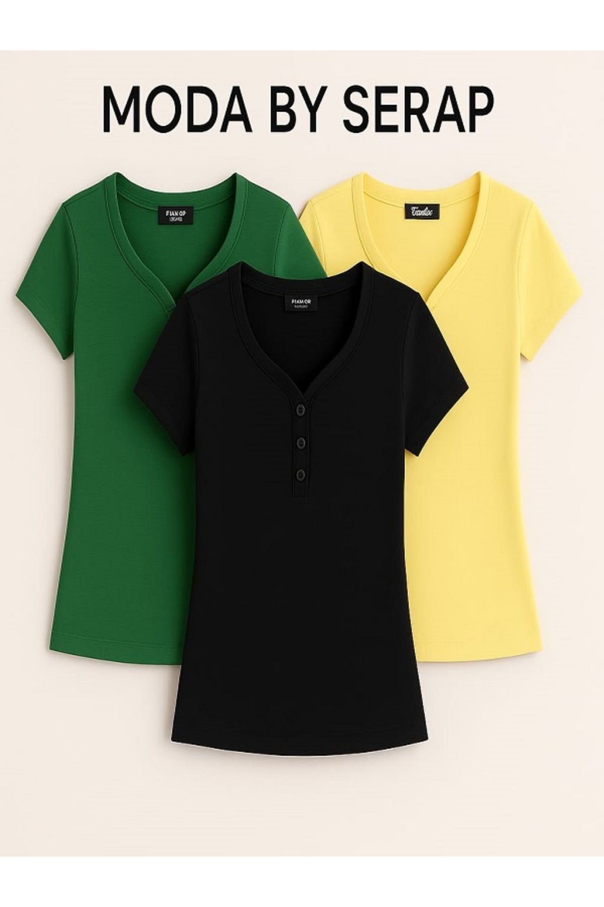 Butik ModaBySerap Düğme Detaylı Vücuda Oturan Tişört 3'lü (Sarı,Siyah,Yeşil)
